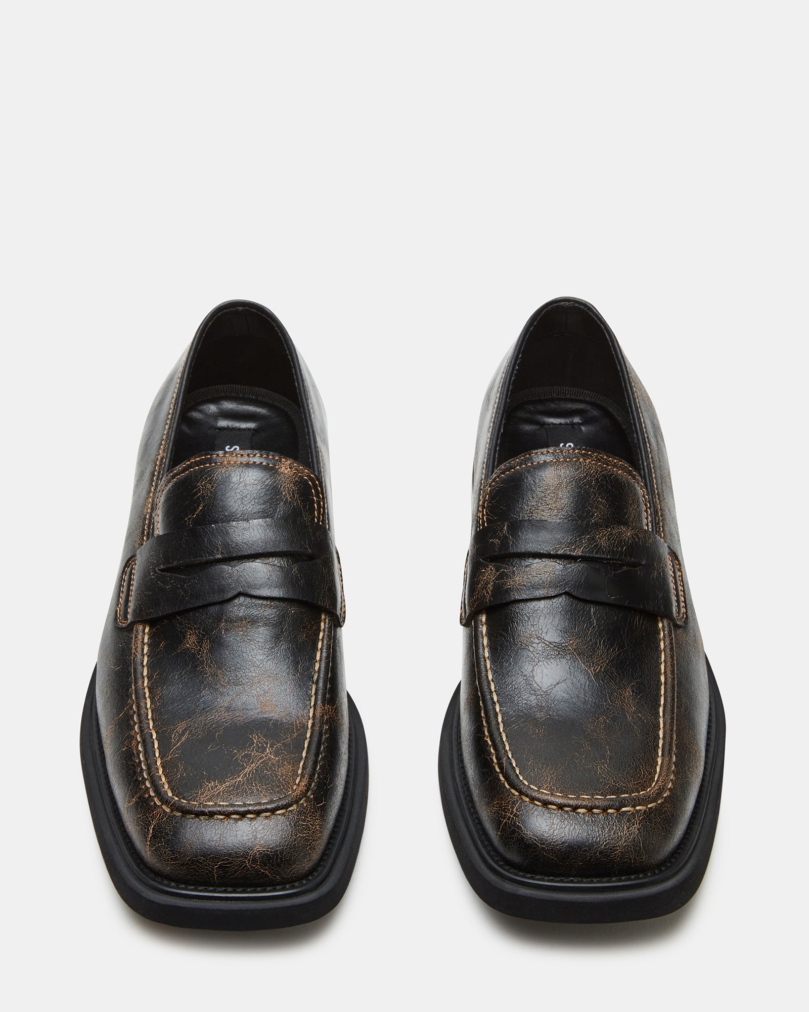 Stylish black leather loafers for men, showcasing the square toe design.