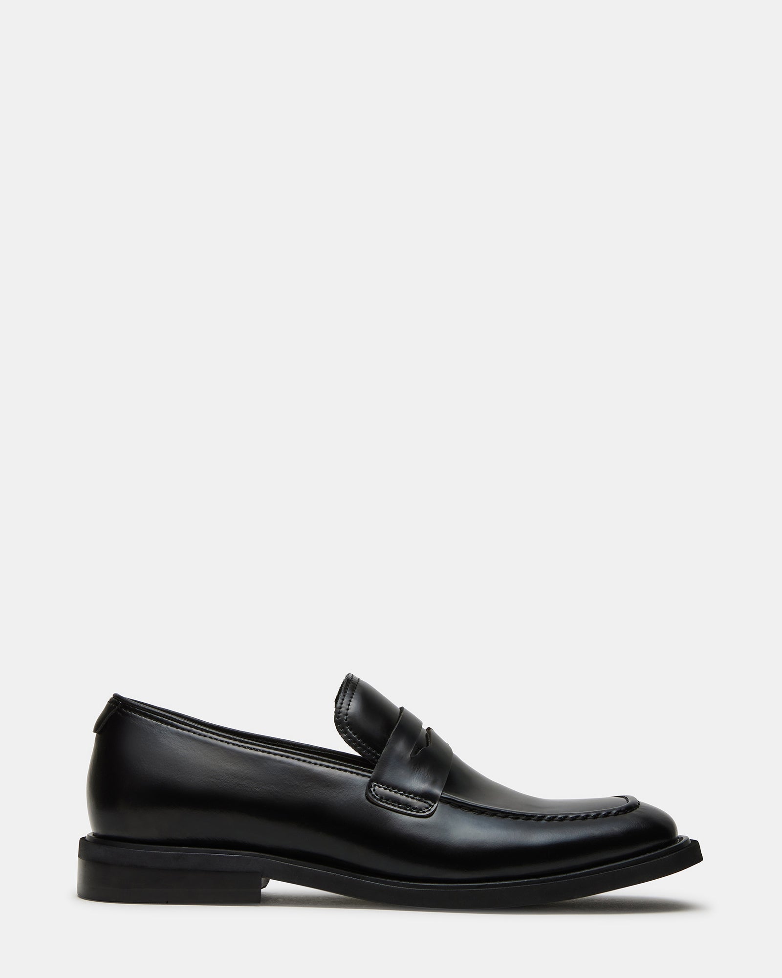 Pericon black leather penny loafers side view on hardwood floor