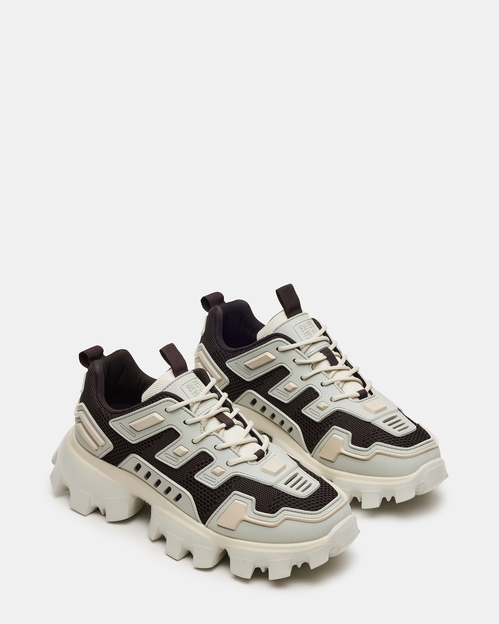 Close-up of the exaggerated molded sole and angular accents on Ponce Multi sneakers