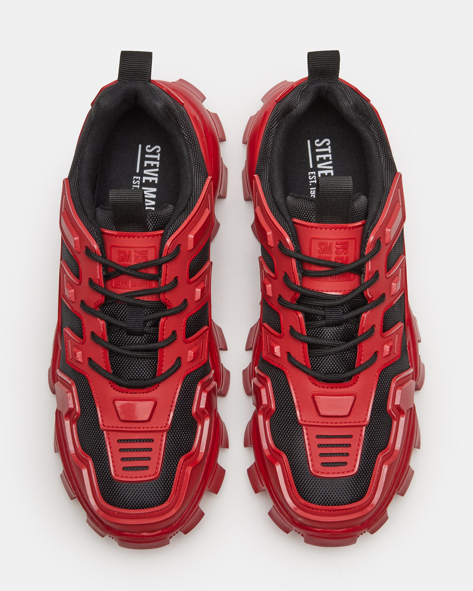 Side profile of chunky sneakers red white colorway, ideal for casual city wear