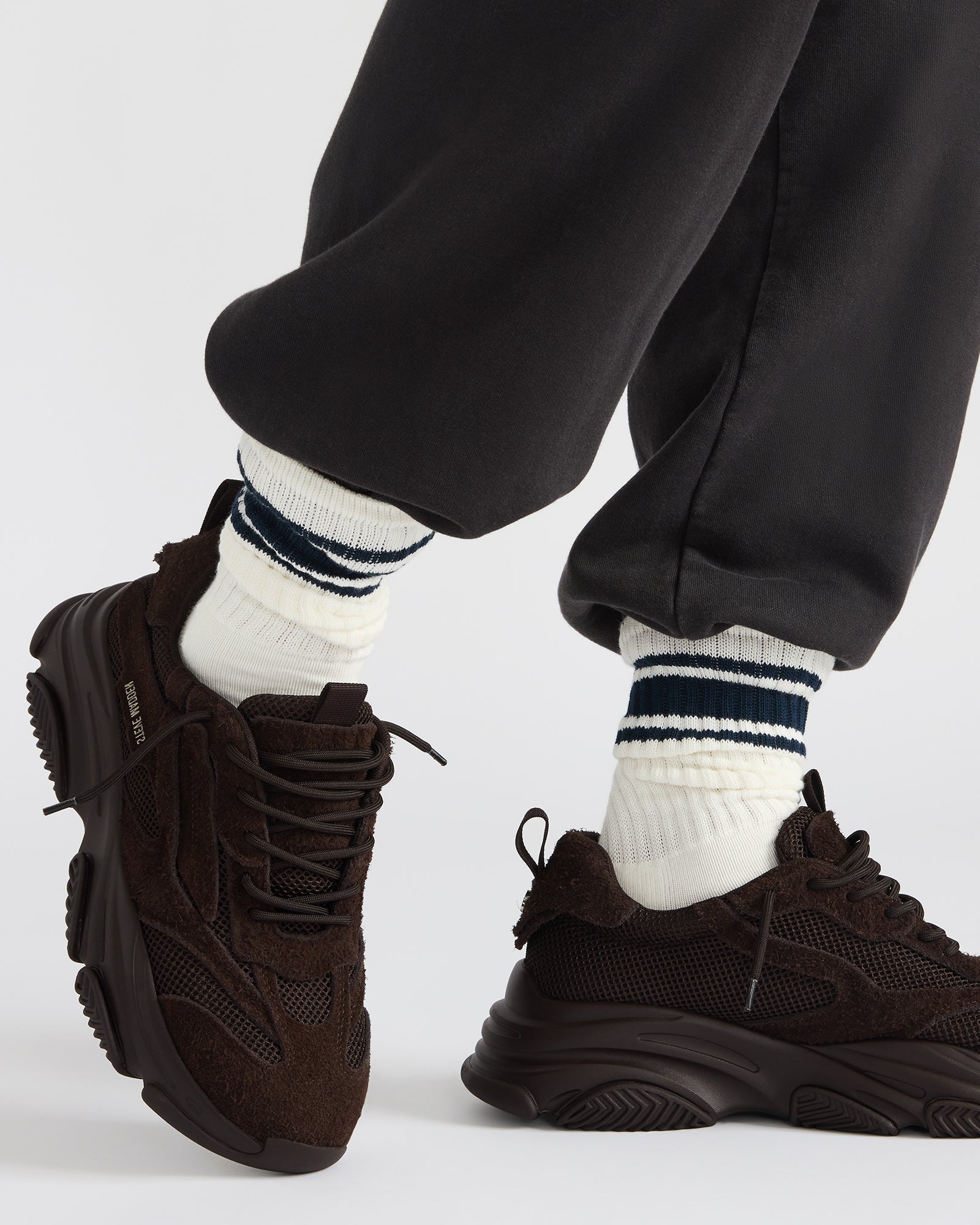 Close-up of the chunky platform and laced closure of the sneakers.