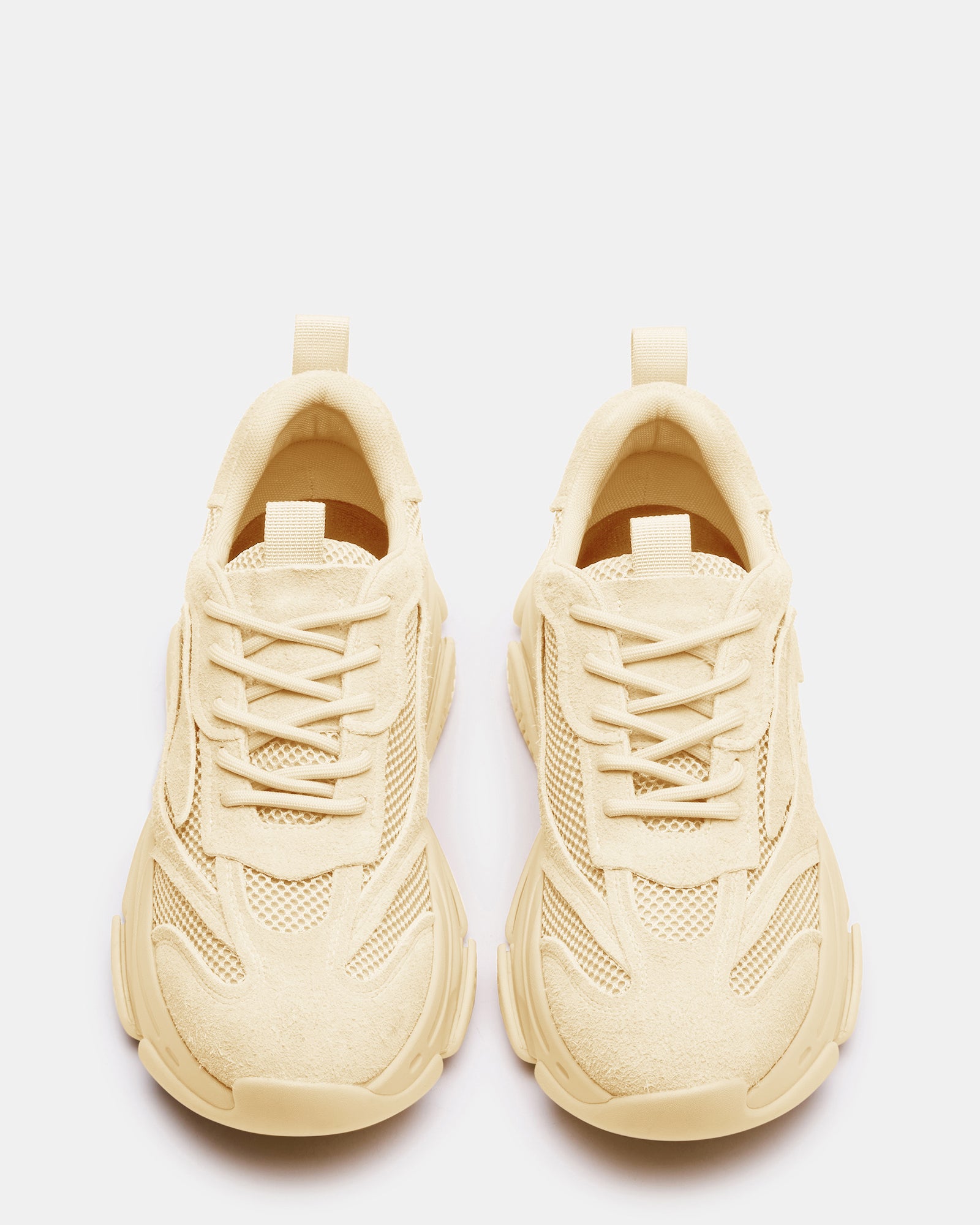 Close-up of the mesh and suede upper of the platform sneakers, highlighting texture.