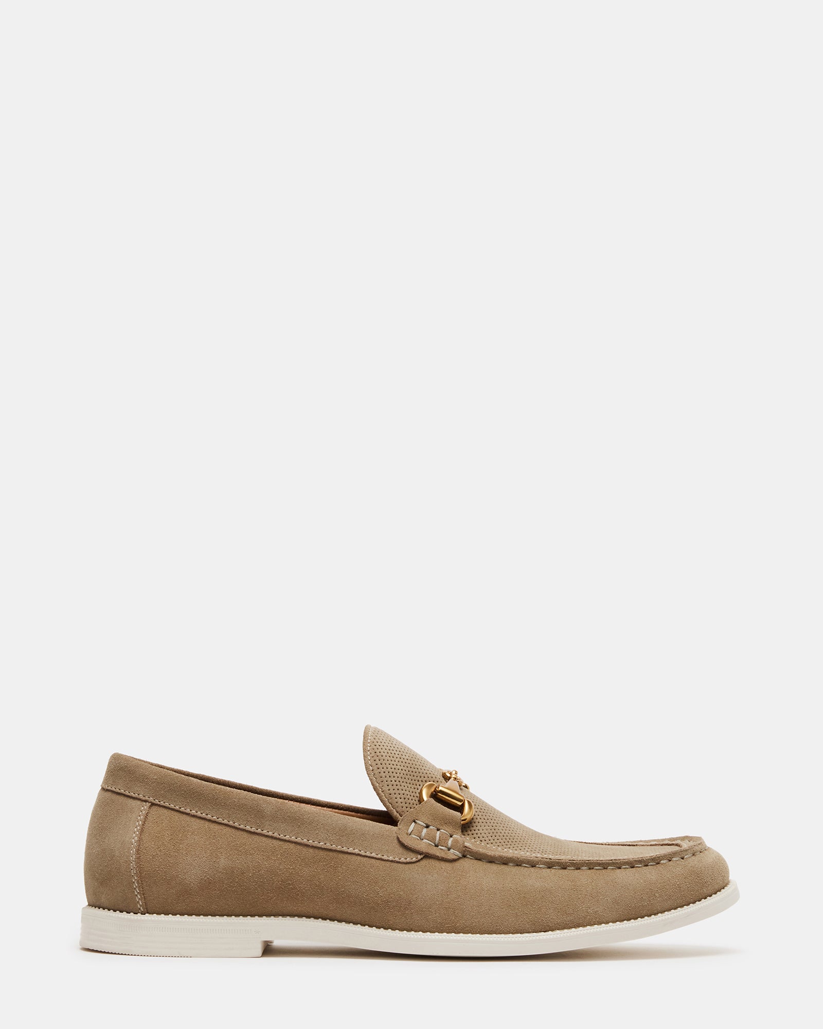 Renzi suede penny loafers displayed at an angle, highlighting moc toe and metal accent