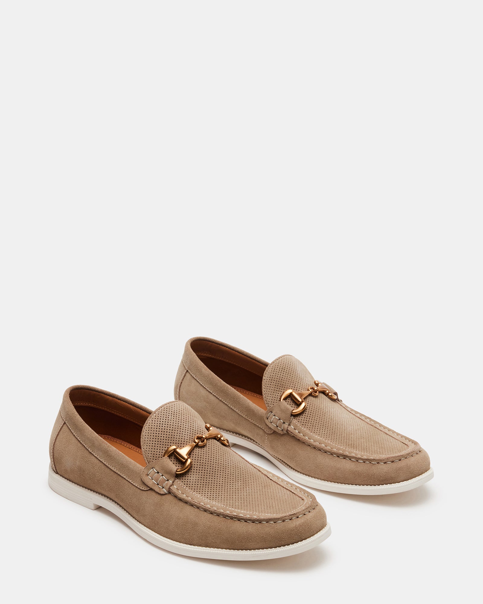 Close-up of the sand suede texture and stitching on these mens loafers