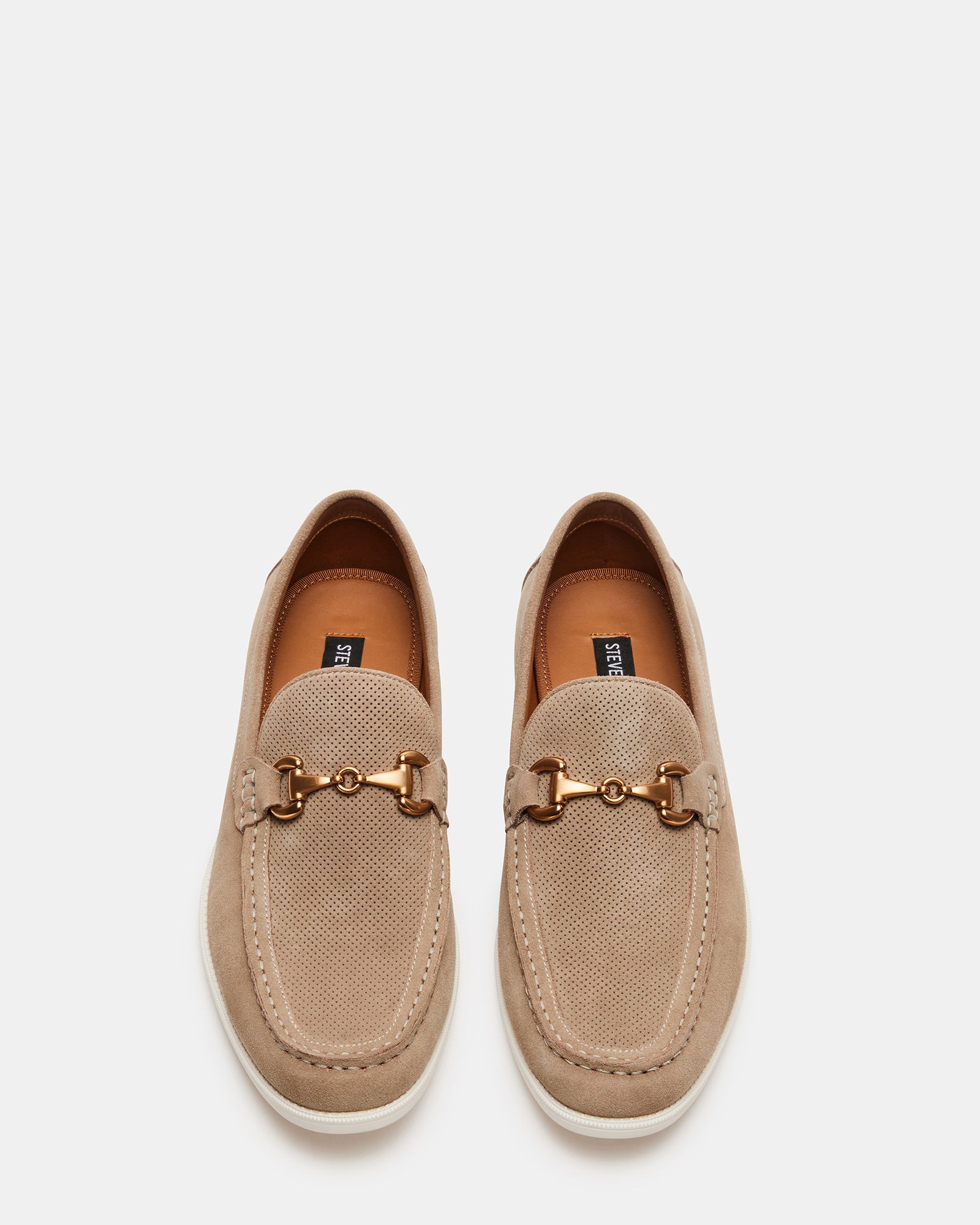 Renzi suede penny loafers displayed at an angle, highlighting moc toe and metal accent