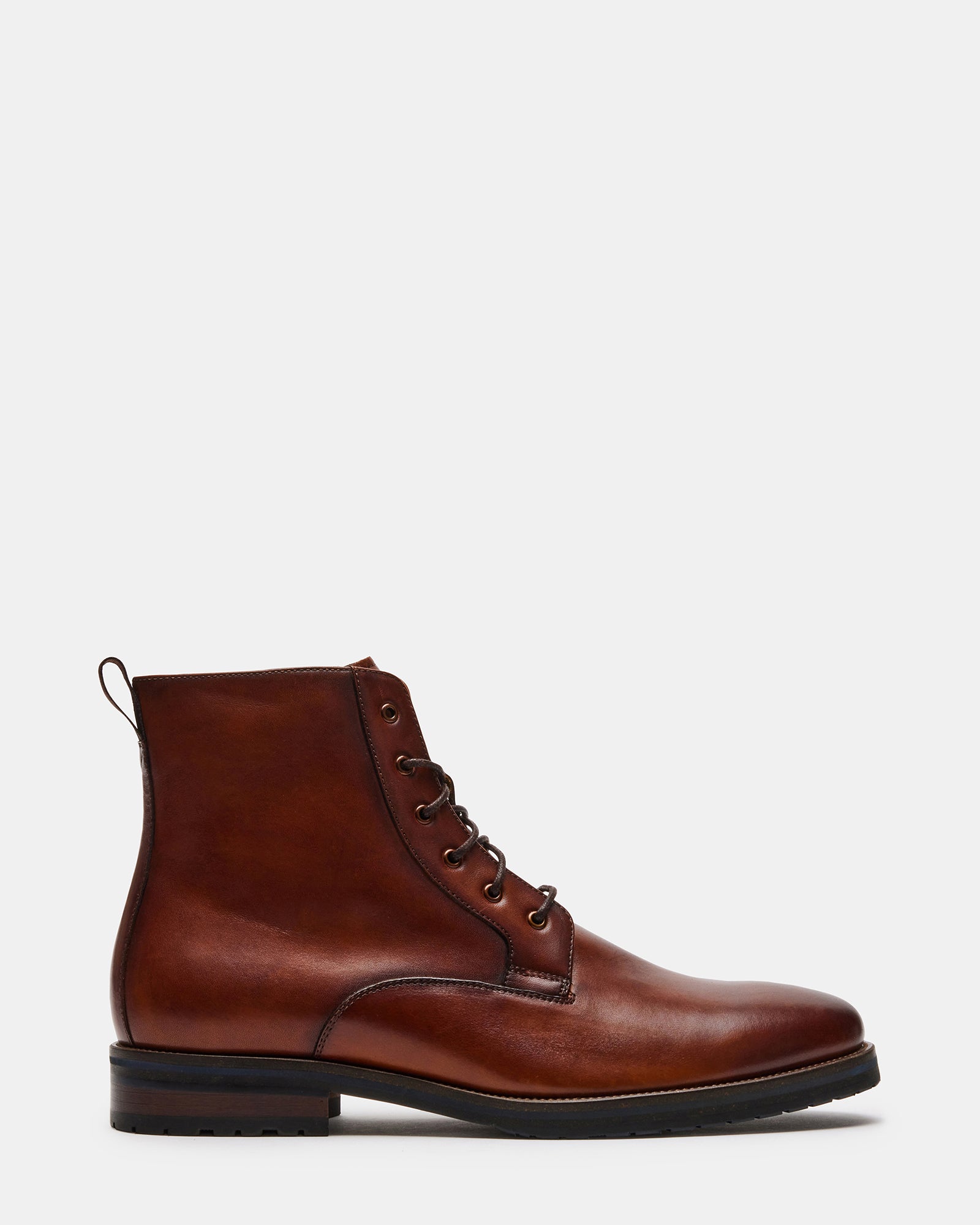 Front view of sleek tan leather combat boots for ladies.