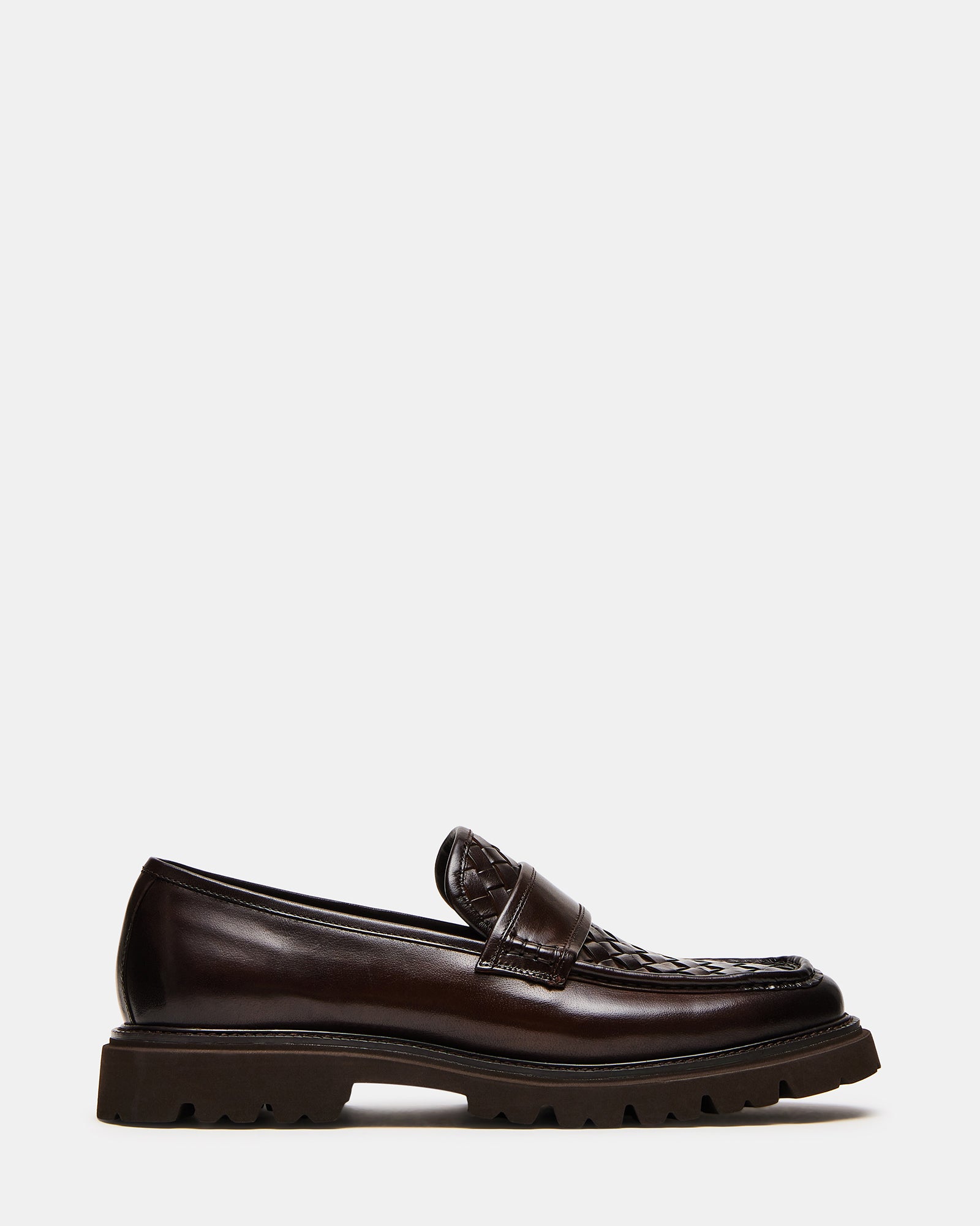 Side view of Strand brown leather loafers for women with woven design.