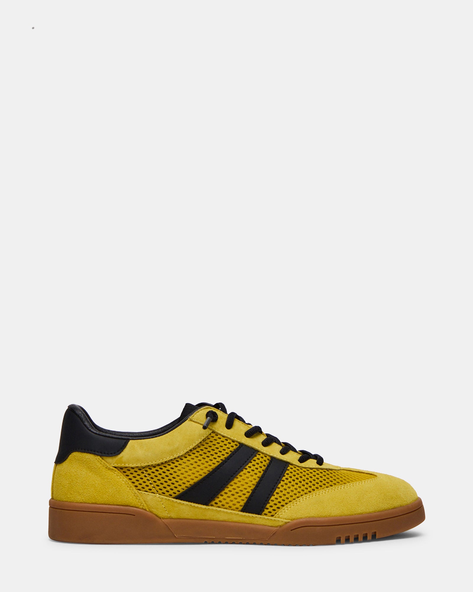 Side view of VIENTO lace-up low-top sneakers in black/yellow.