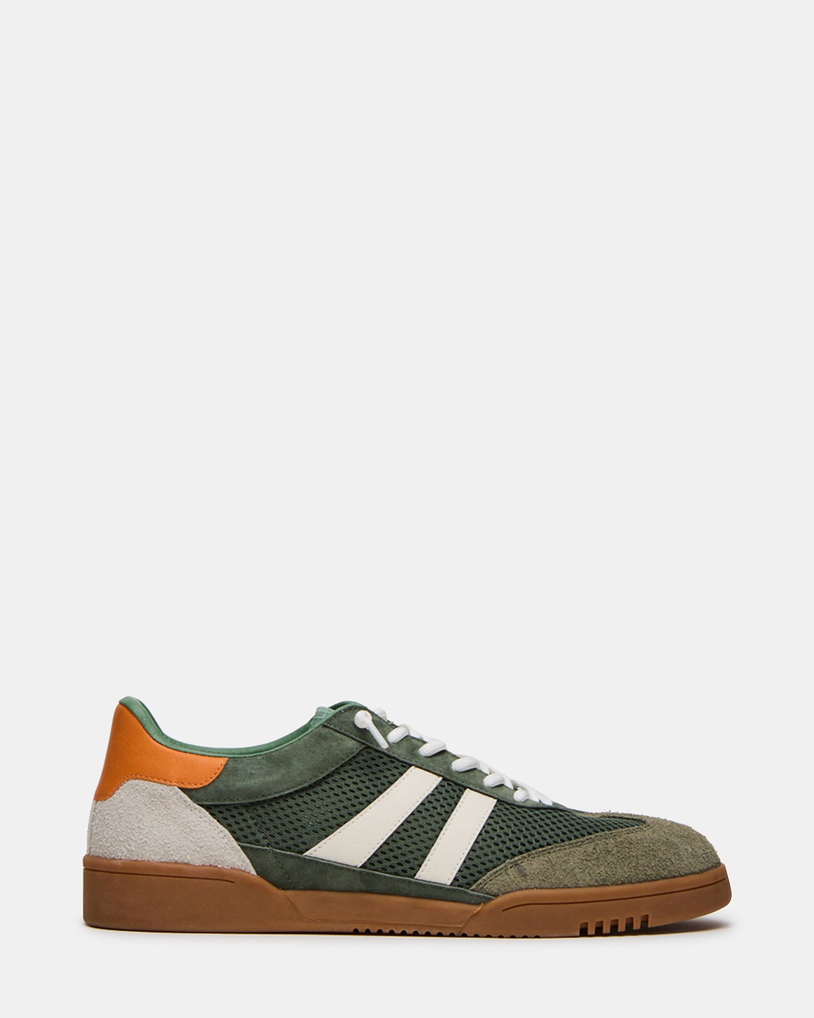 Close-up of VIENTO Green Multi lace-up sneakers showcasing the suede and textile textures.