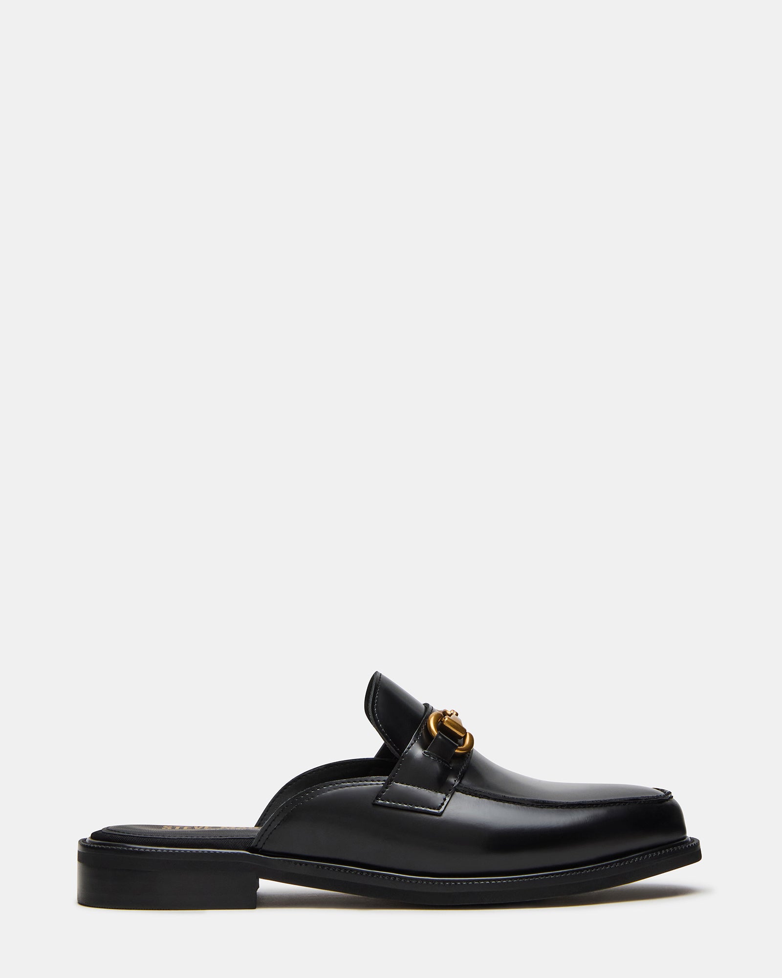 Men's black leather loafers showcasing slip-on design and sleek finish.