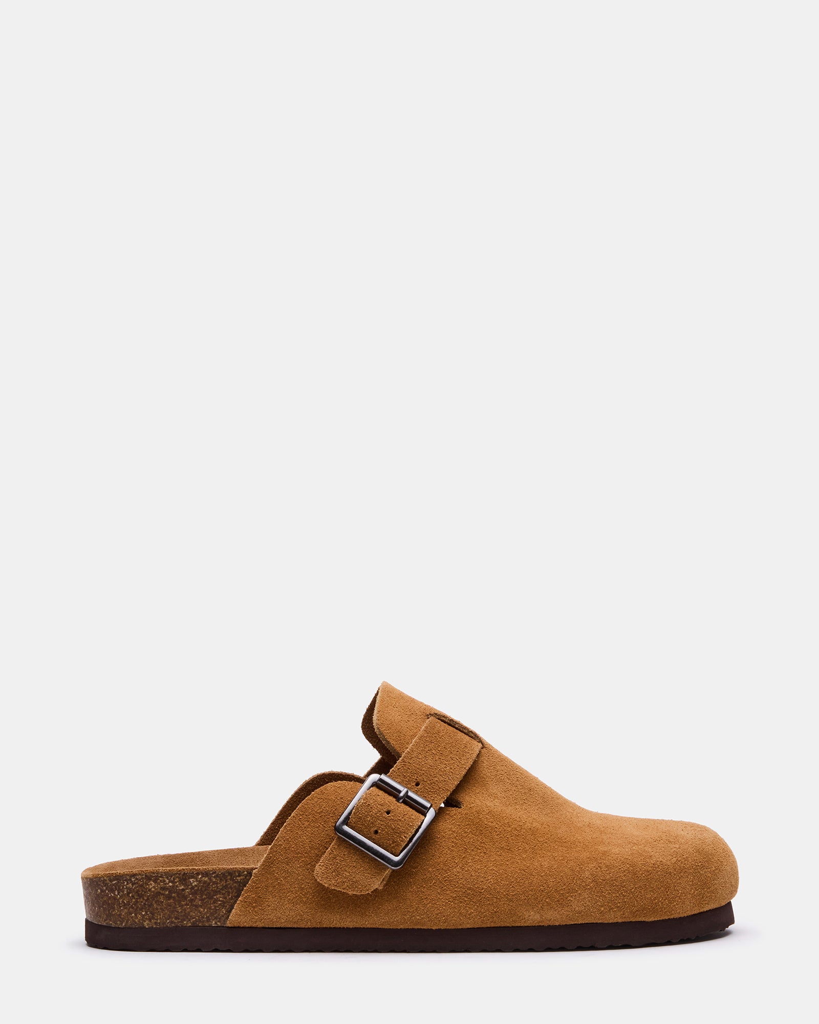 Stylish chestnut suede slip-on shoes for men, showcasing the adjustable buckle.