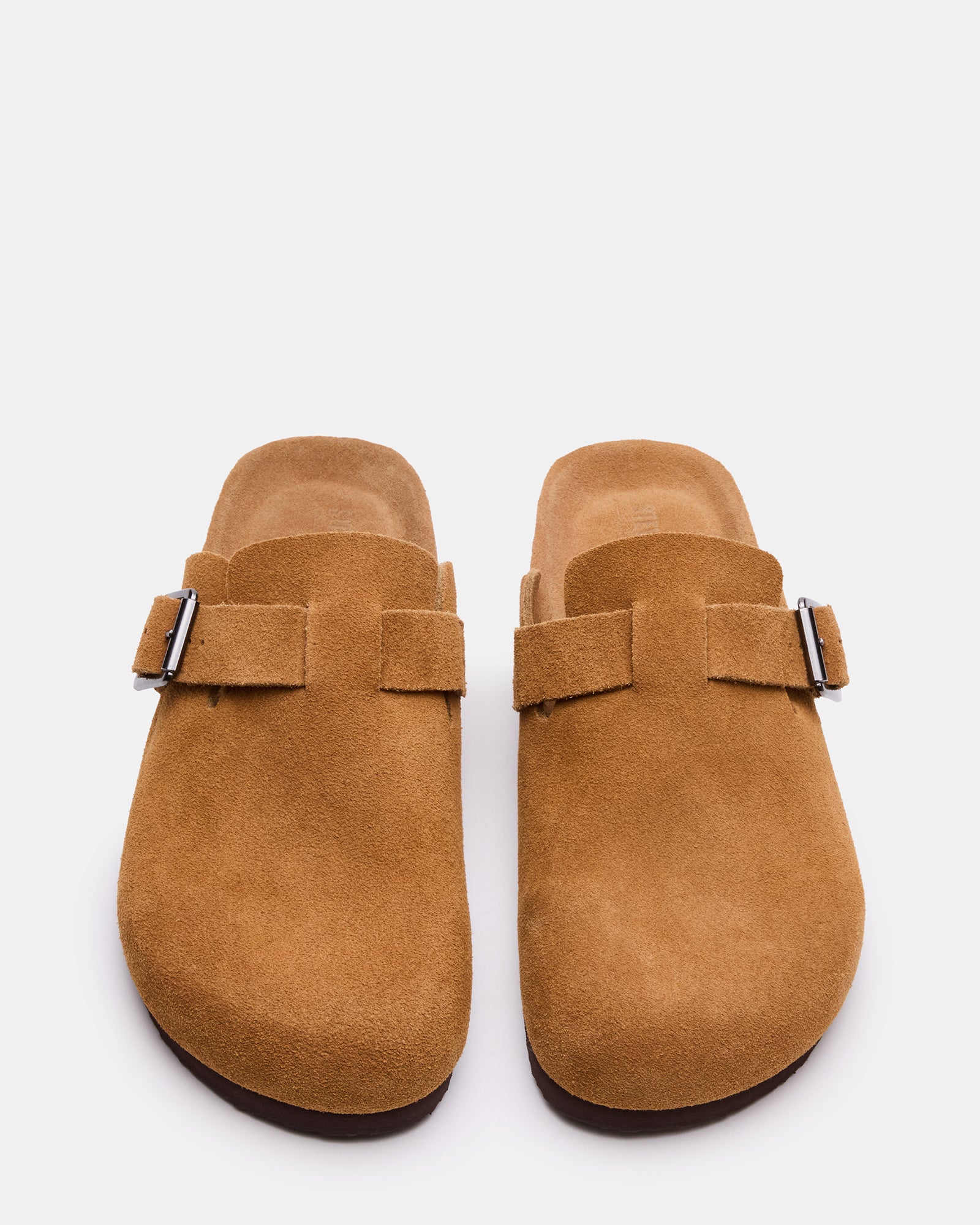 Stylish chestnut suede slip-on shoes for men, showcasing the adjustable buckle.