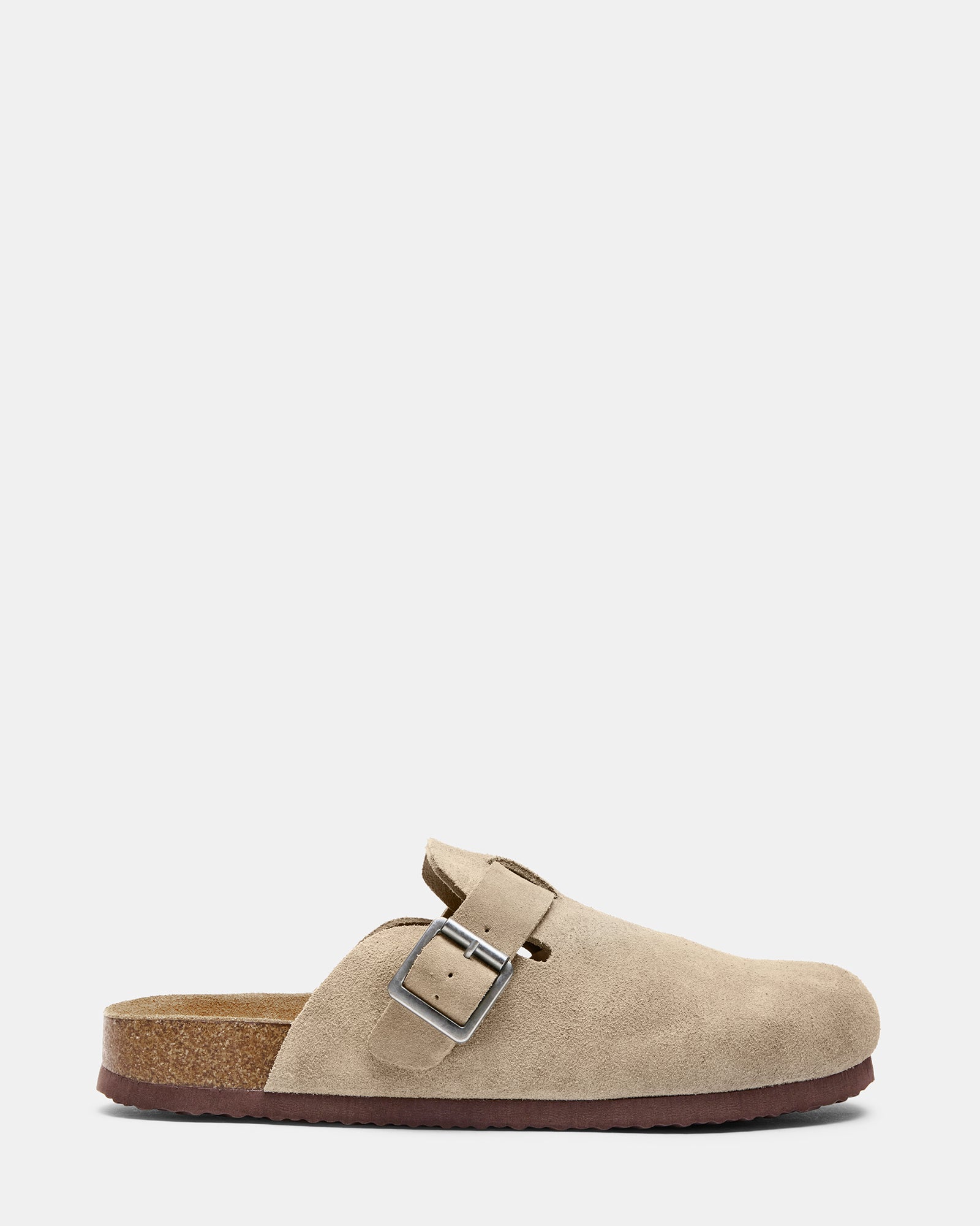 Side view of taupe suede men's slip-on shoes with adjustable buckle