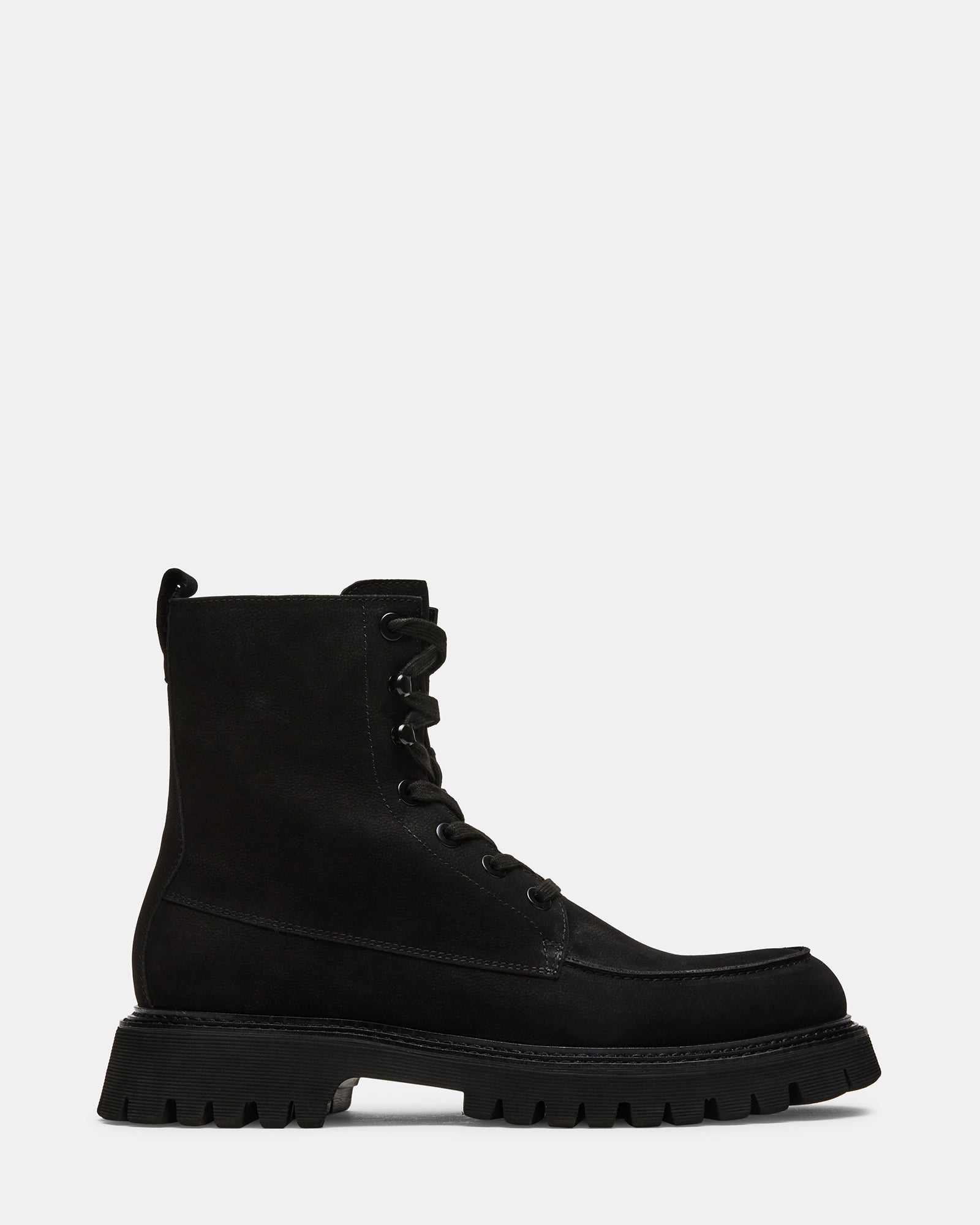 Side profile of stylish boots made from black nubuck leather with heel tab detail