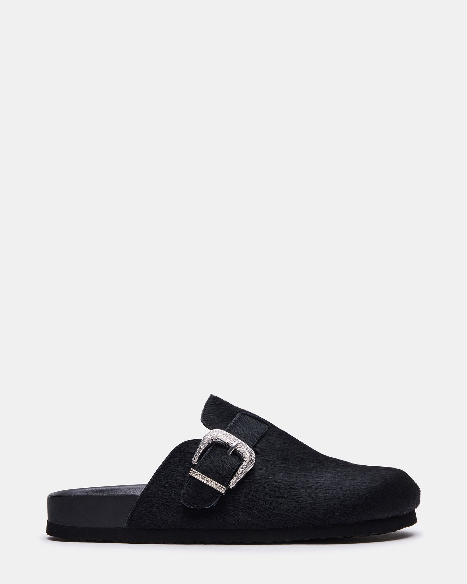 Black leather men's slip-on shoes shown from side angle