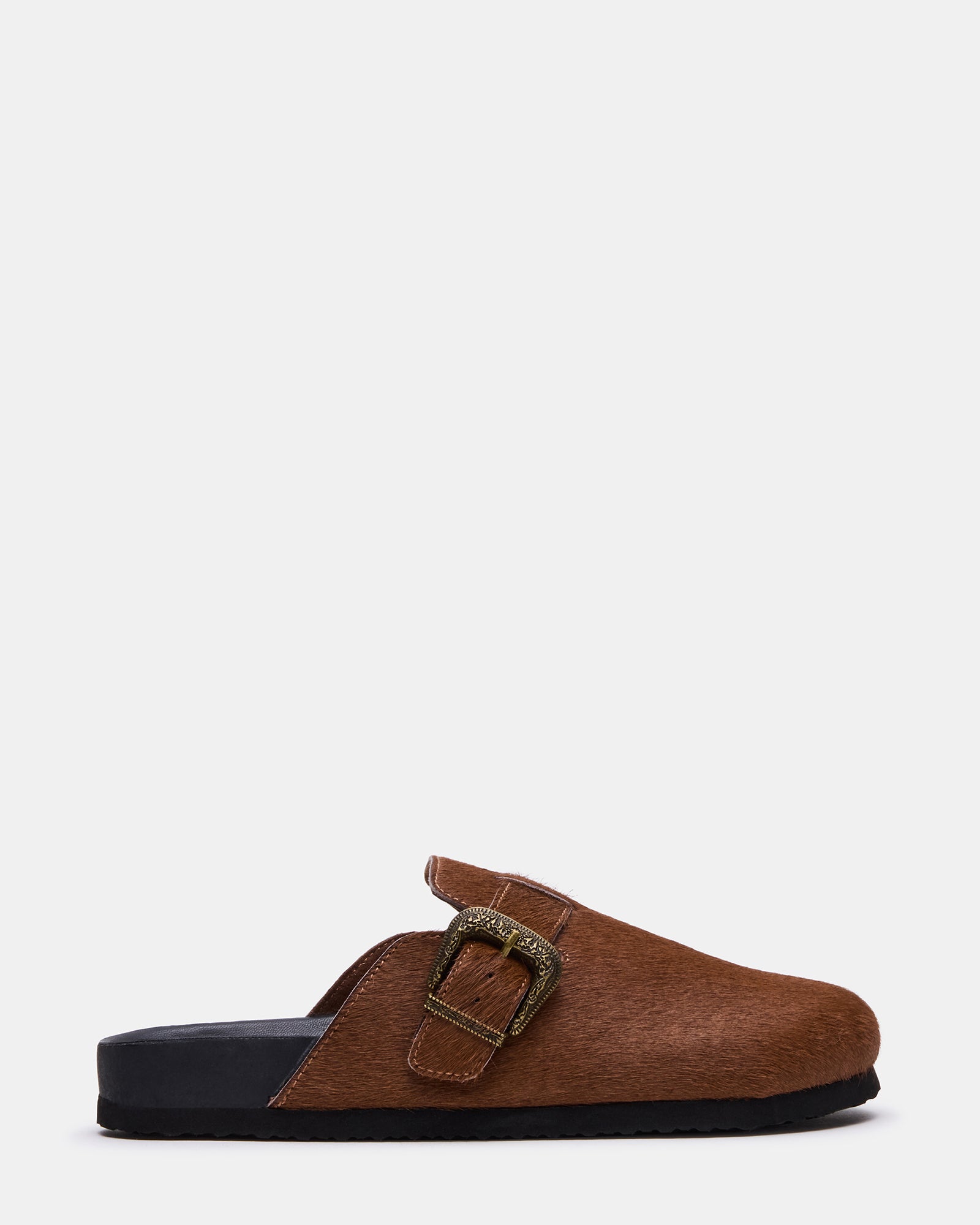 Angled view of men's shoes showing buckle and chestnut leather upper