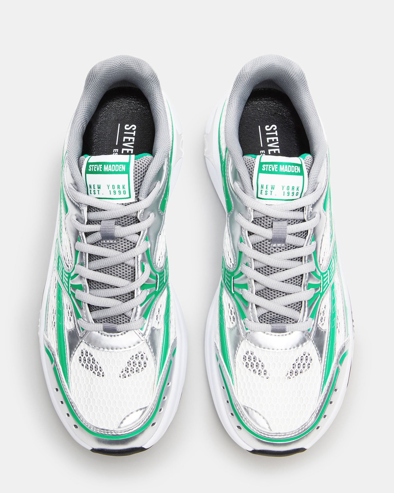 Close-up of lace-up closure and synthetic upper on casual sneakers