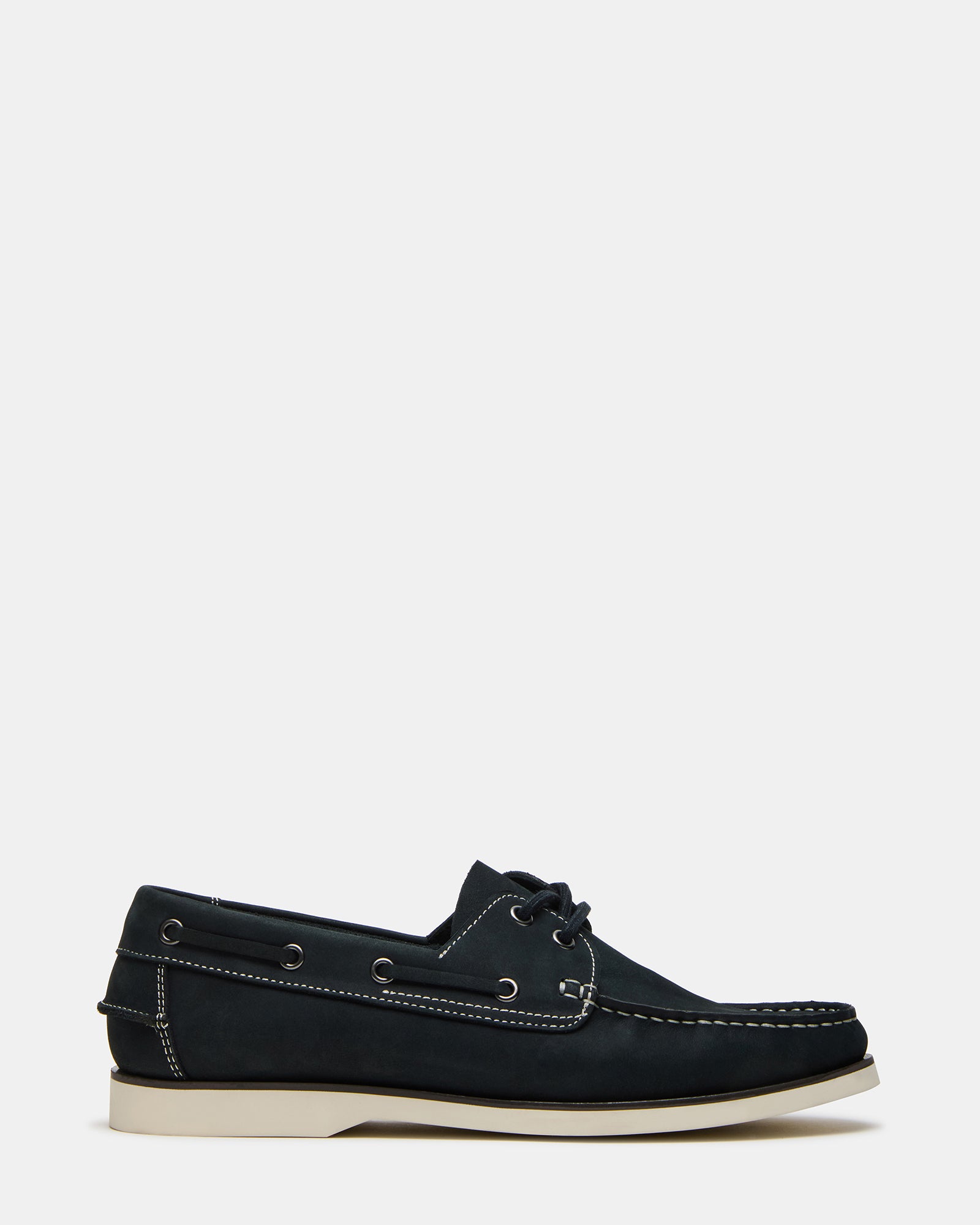 Side view of navy sperry boat shoes styled with summer chinos