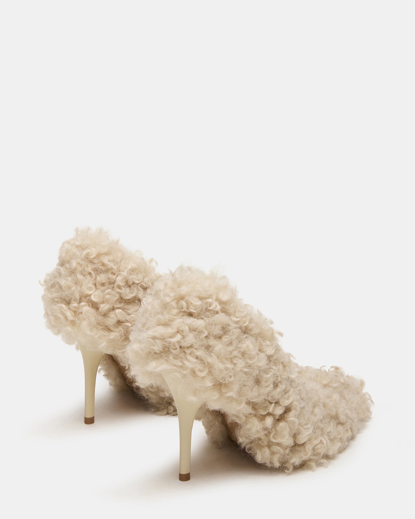 Top angle showcasing fluffy faux fur shoes and sleek silhouette