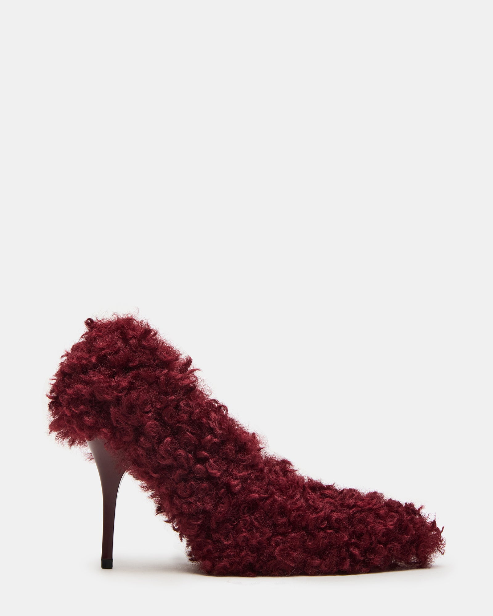 Achilles red stiletto heels with pointed toe and faux fur trim, perfect for evening wear.
