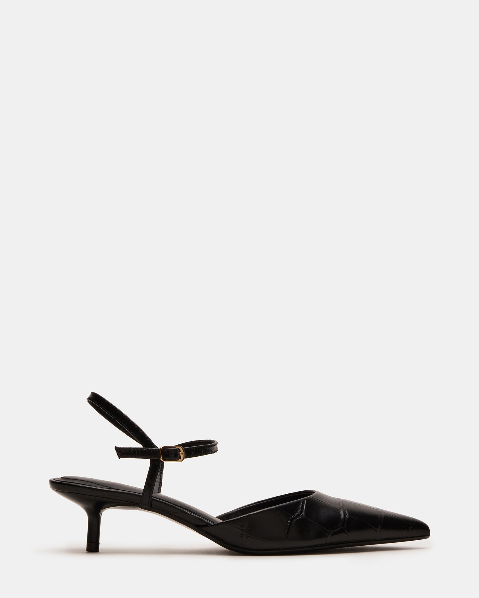 Side view of black pointed toe heels with crocodile design.
