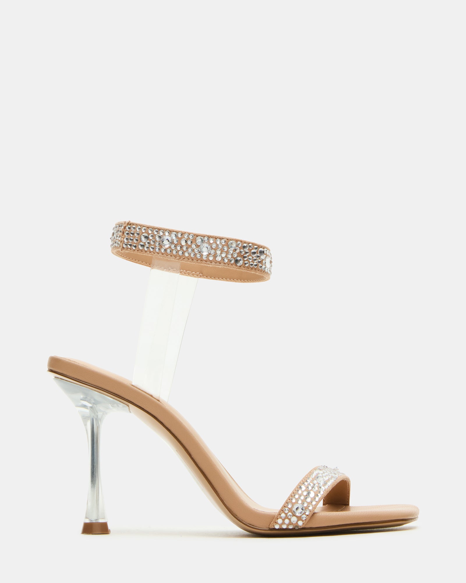 Close-up of black heels with rhinestones on heel and square toe design