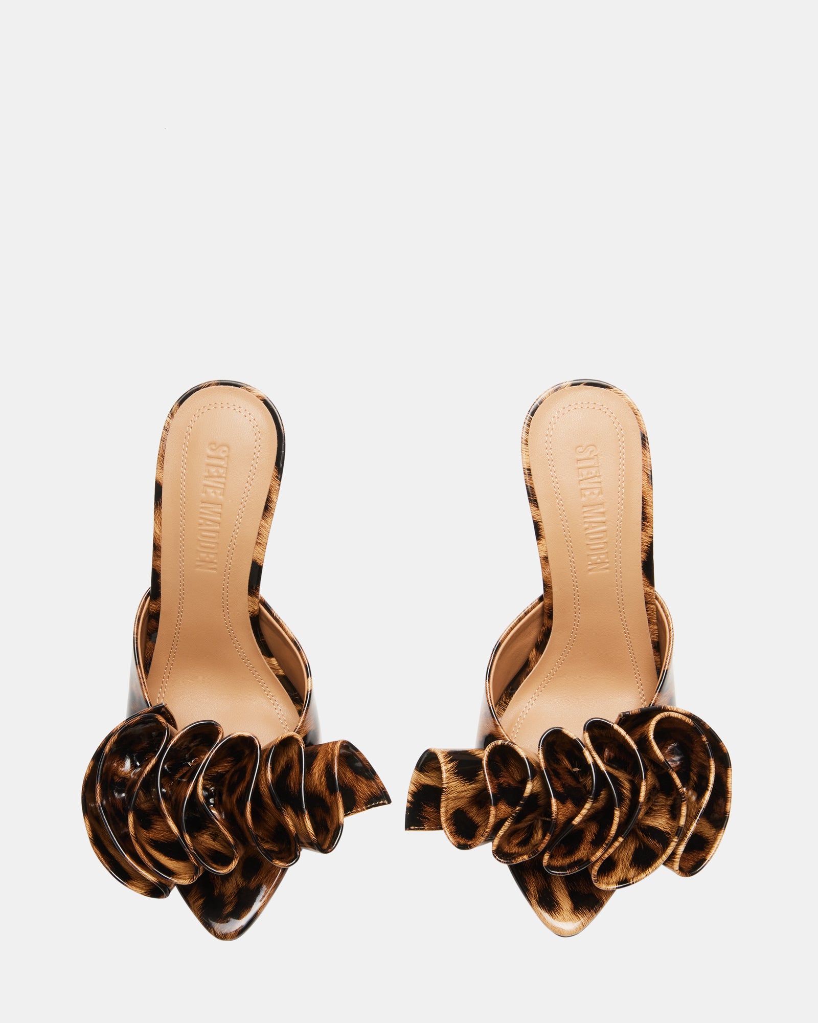 Close-up of leopard patent pointed toe heels on hardwood surface