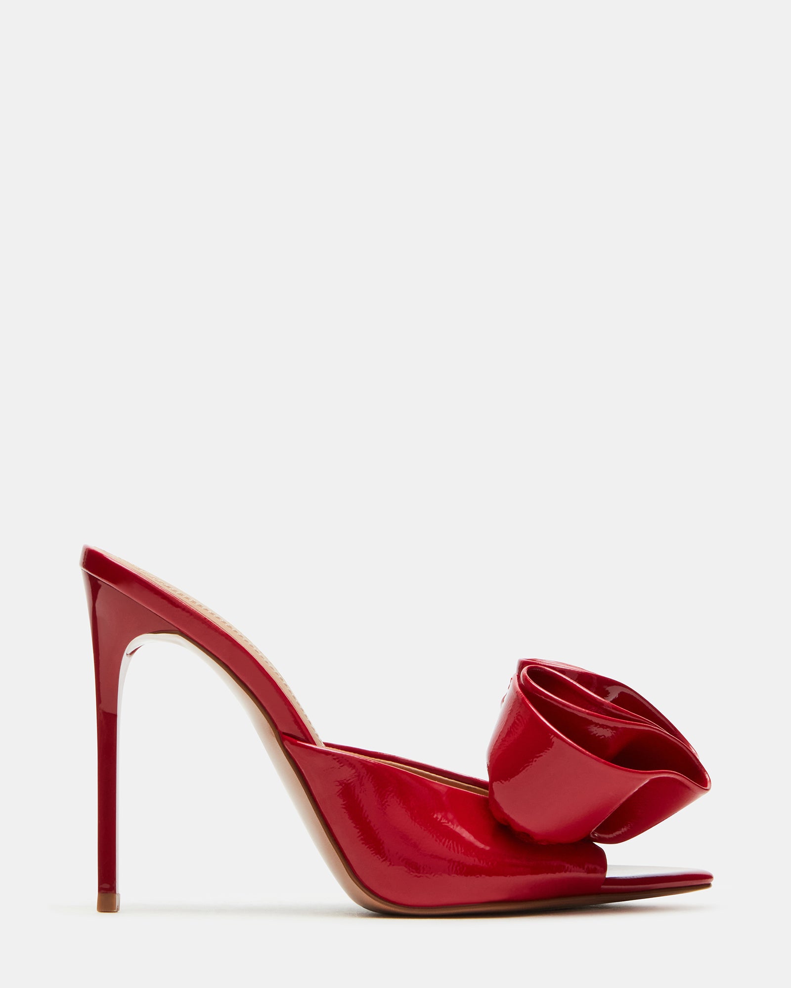 Red patent stiletto heels with pointed toe and slim heel, ideal for evening wear