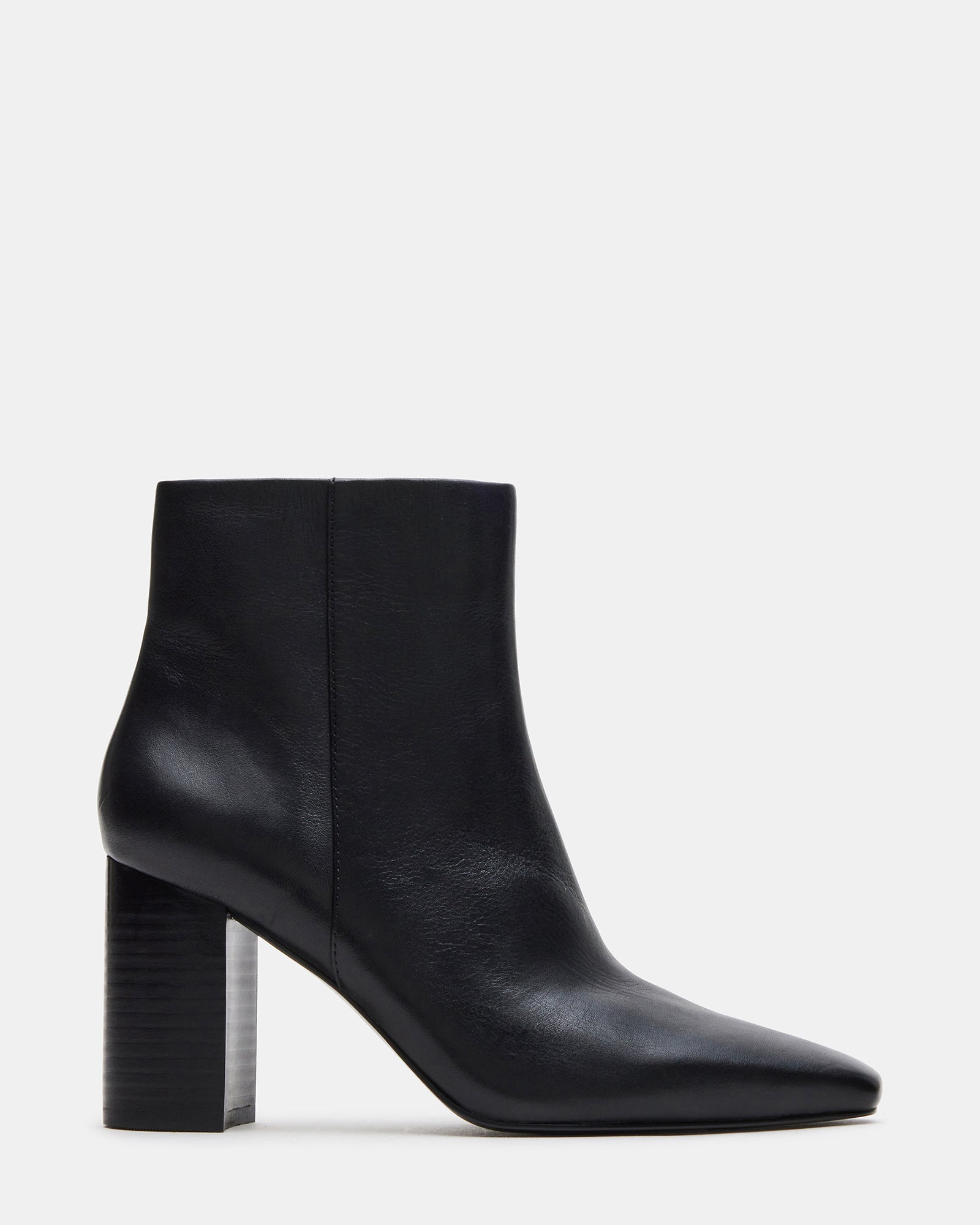 Side view of Aidan black leather block heel ankle booties showcasing the square toe design.