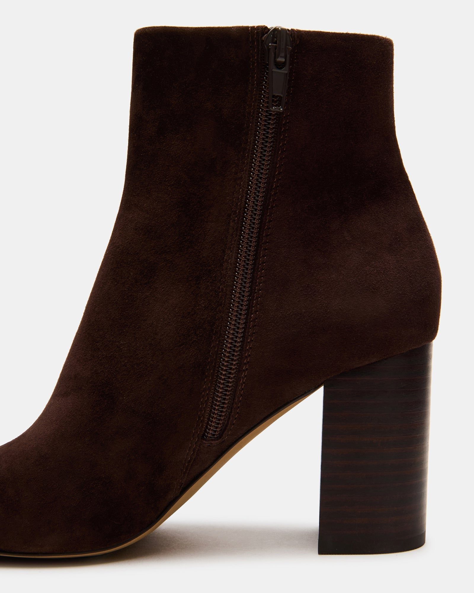 Close-up of Aidan brown suede ankle boots showing square toe and block heel detail