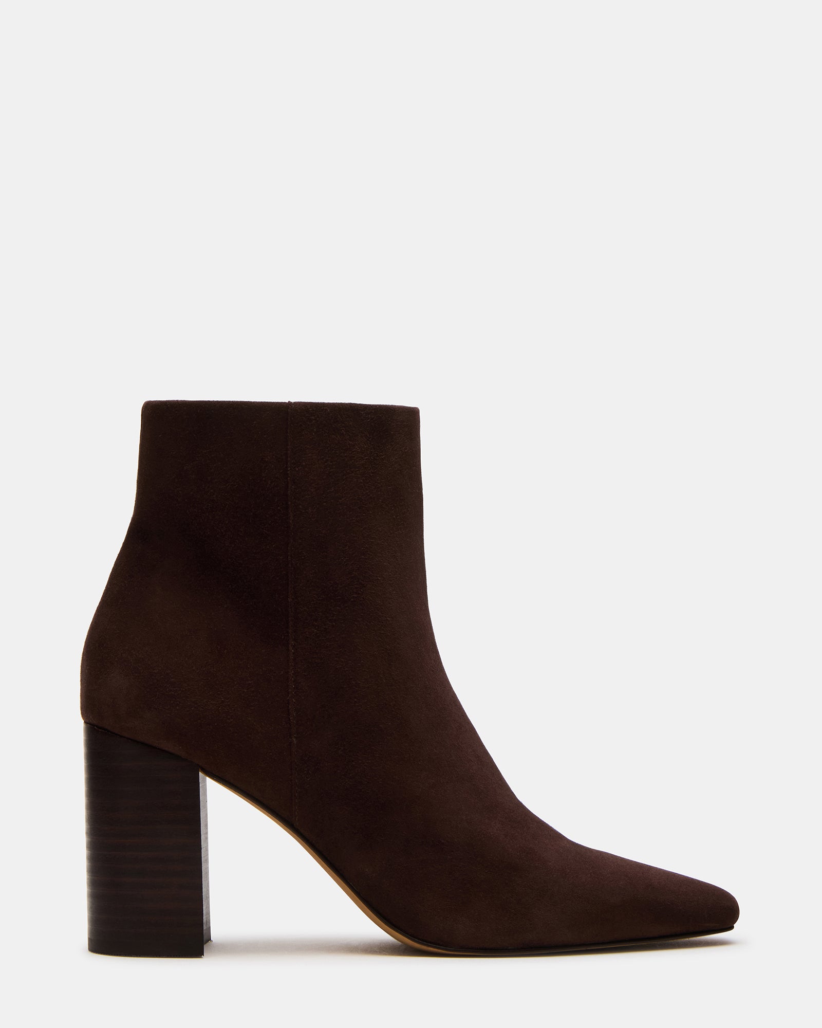 Close-up of Aidan brown suede ankle boots showing square toe and block heel detail