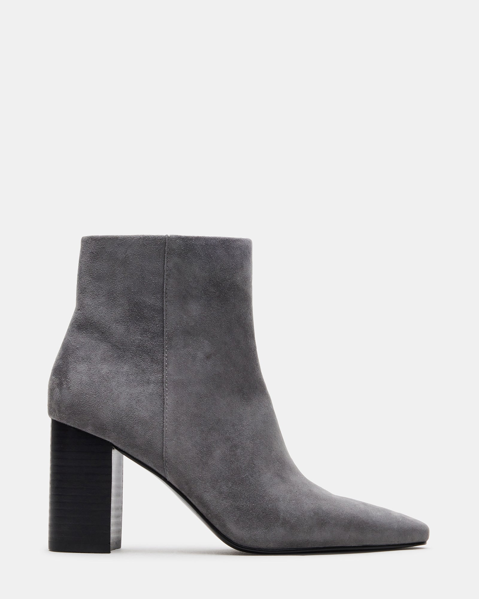 Side view of Aidan Grey suede booties with block heel.