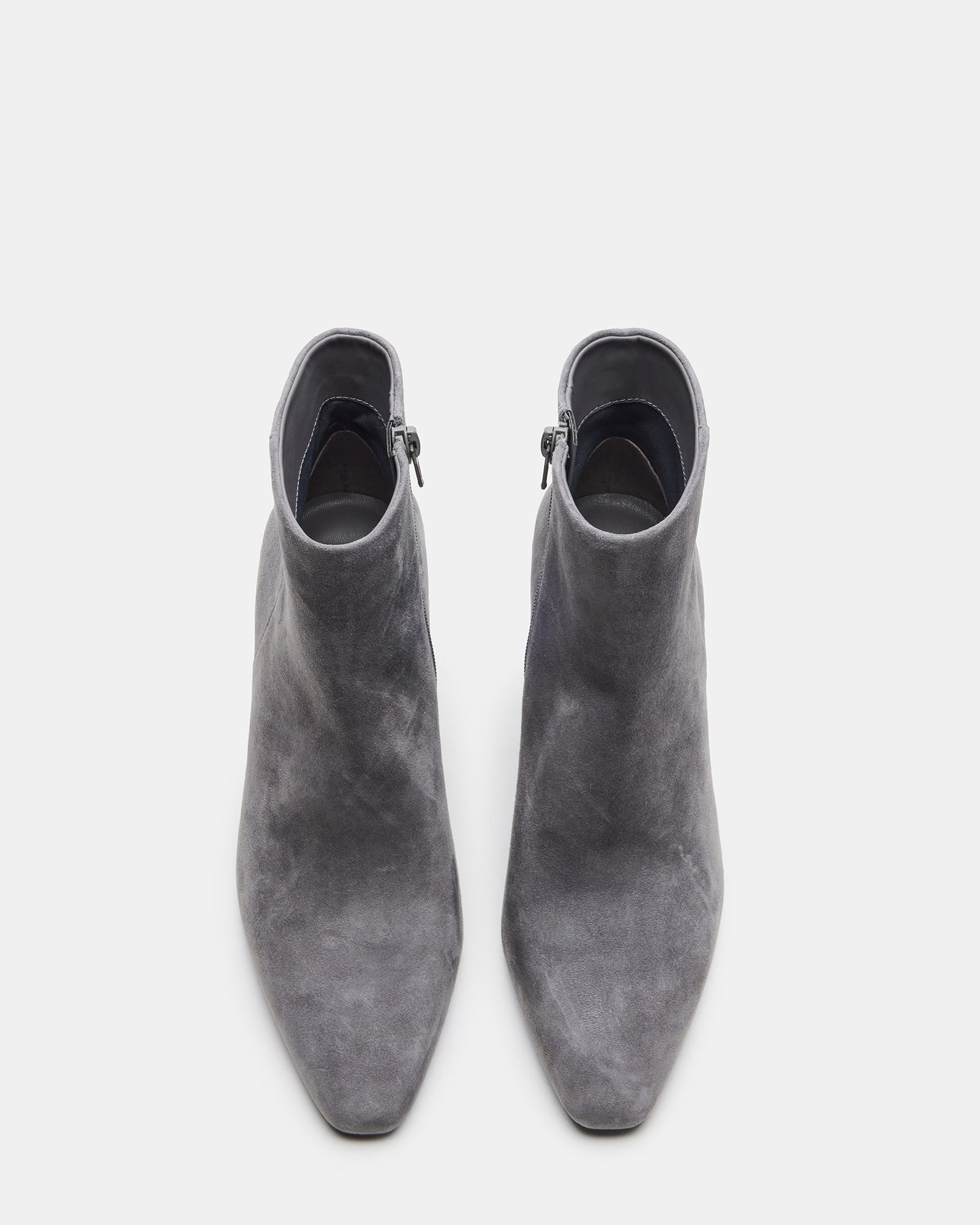 Side view of Aidan Grey suede booties with block heel.