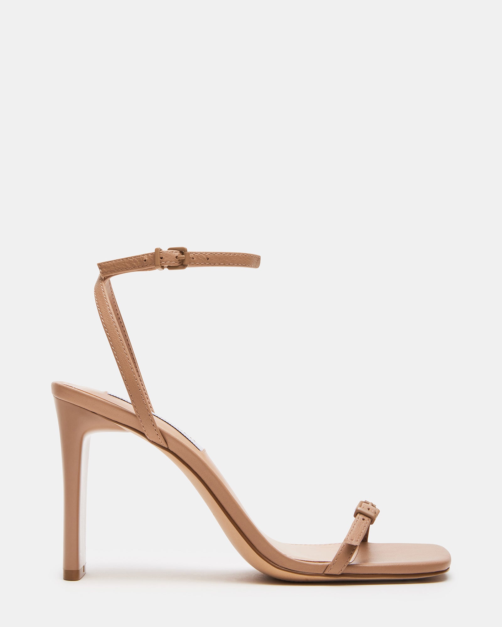 Side view of AILENE tan leather square toe dress sandal with ankle strap