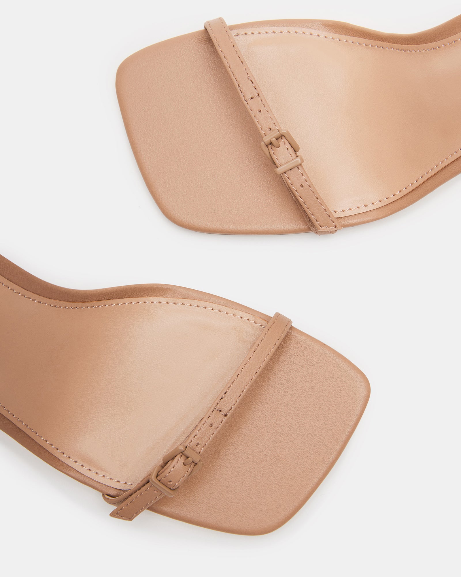 Side view of AILENE tan leather square toe dress sandal with ankle strap