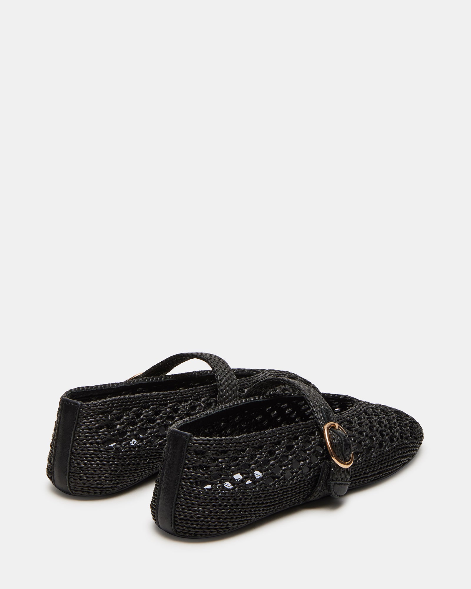 Close-up of the adjustable strap and raffia upper of ALARA flats