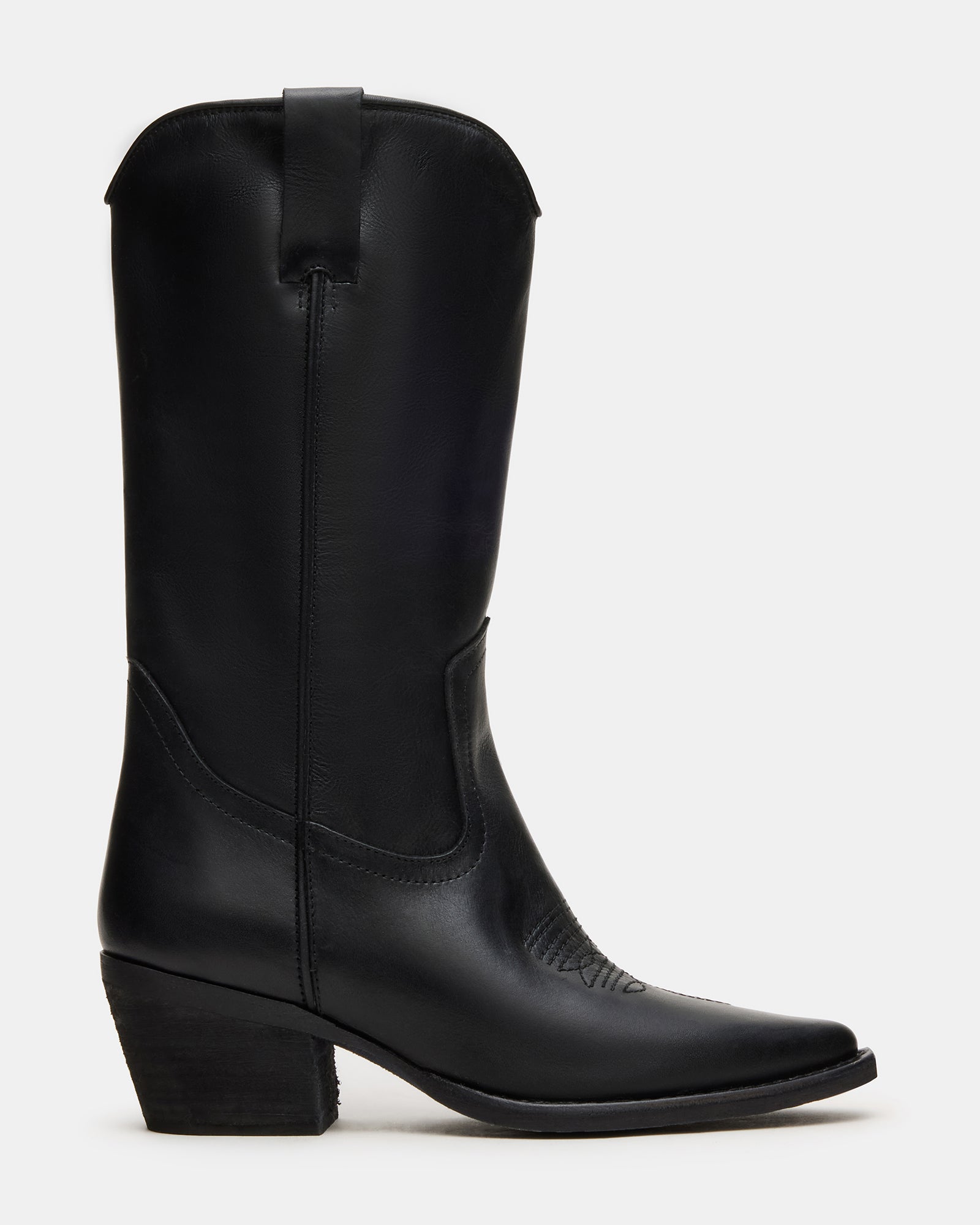 Close-up of Albany black leather cowboy boots highlighting the pointed toe design.