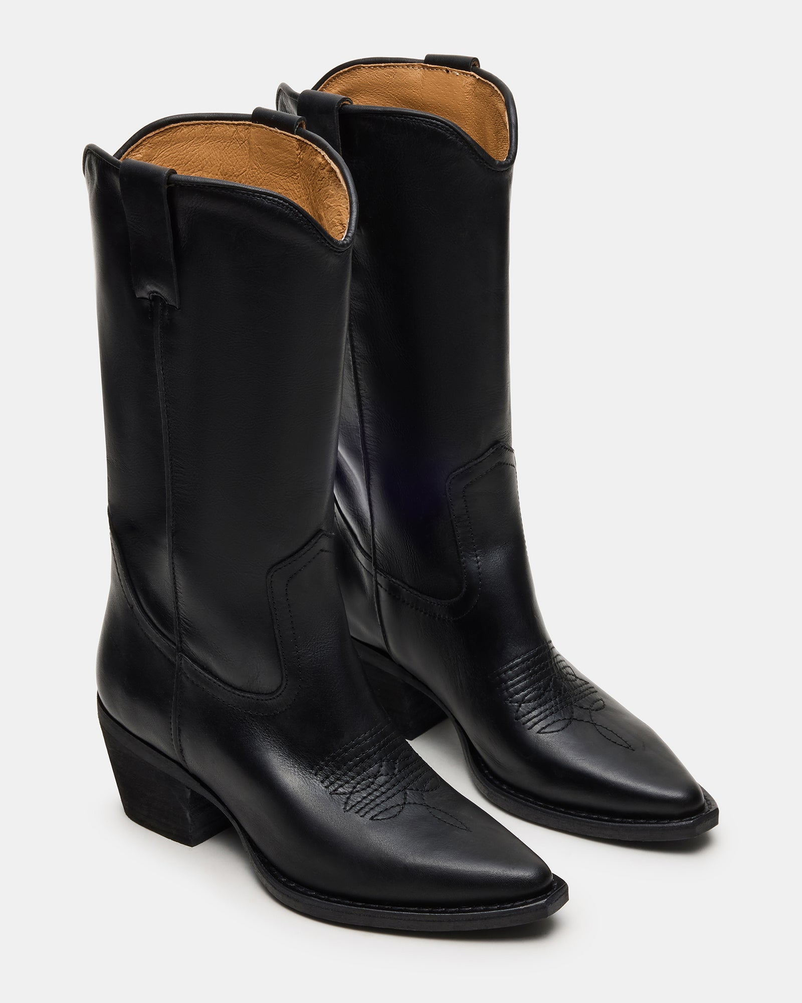 Side view of Albany black knee-high boots, perfect for Western-themed outfits.
