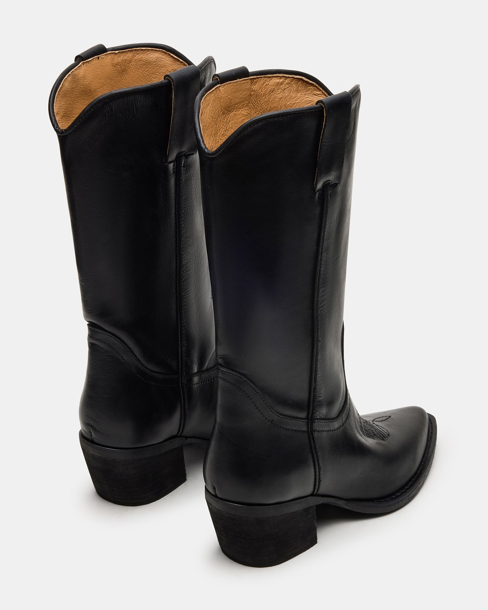 Side view of Albany black knee-high boots, perfect for Western-themed outfits.