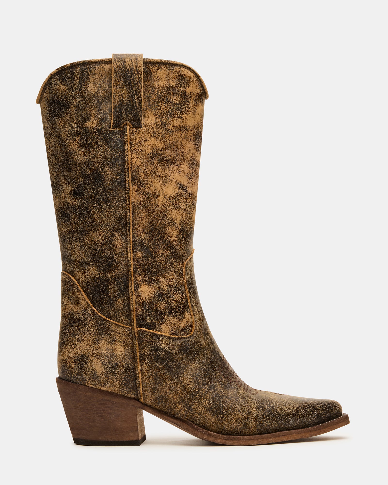 Front view of distressed brown leather Western boots with pointed toe