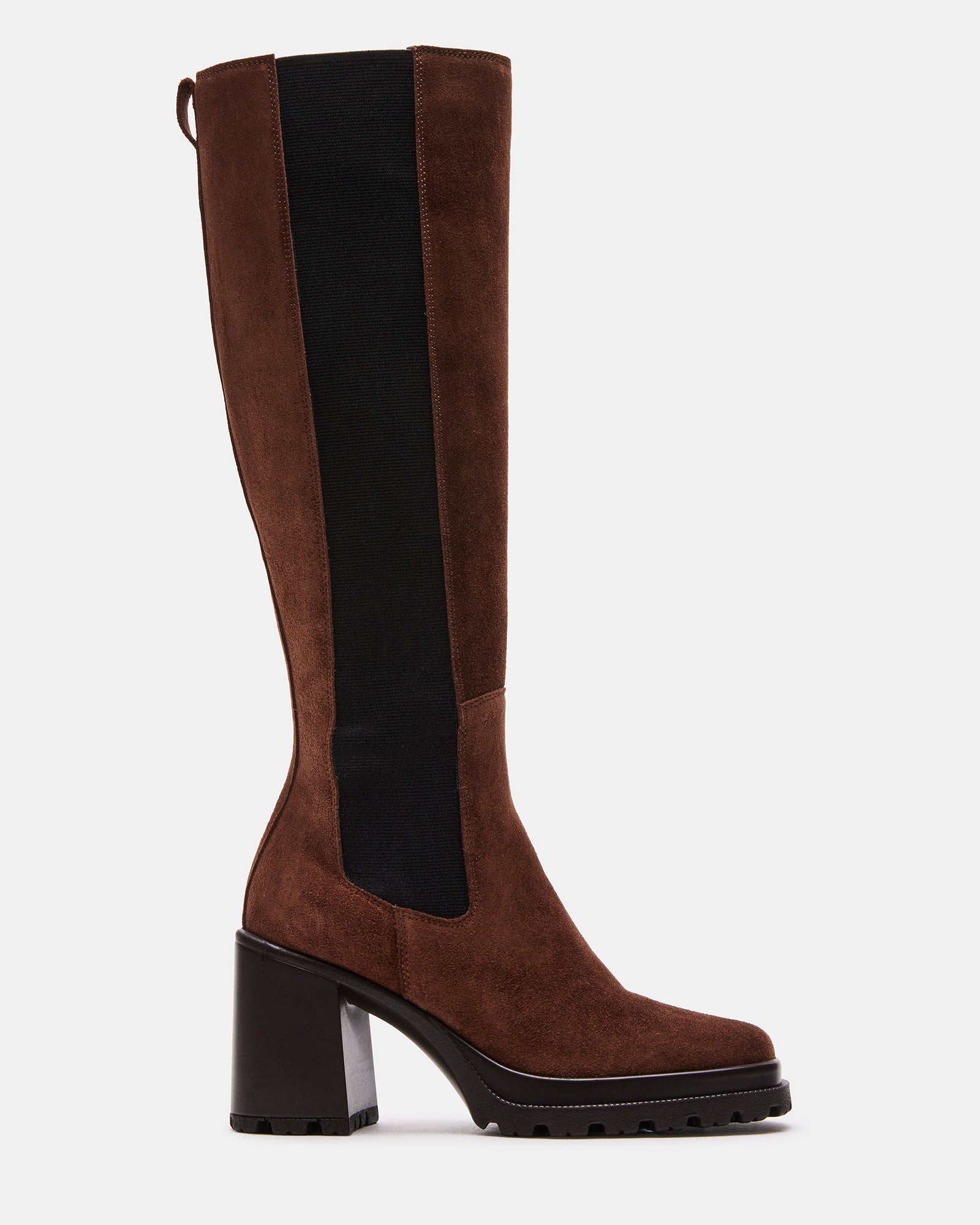 Close-up of ALESTI brown suede knee high boots showing square toe and textured sole
