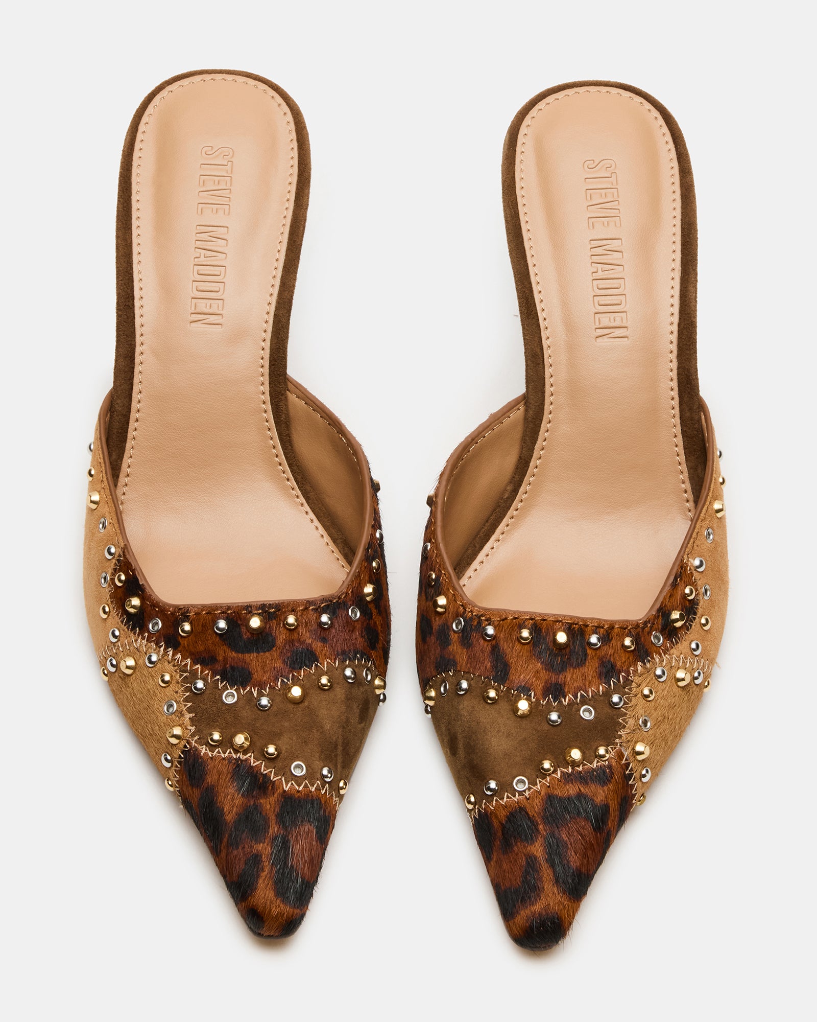 ALEXI leopard print mule heels with pointed toes, showcasing stylish studs.
