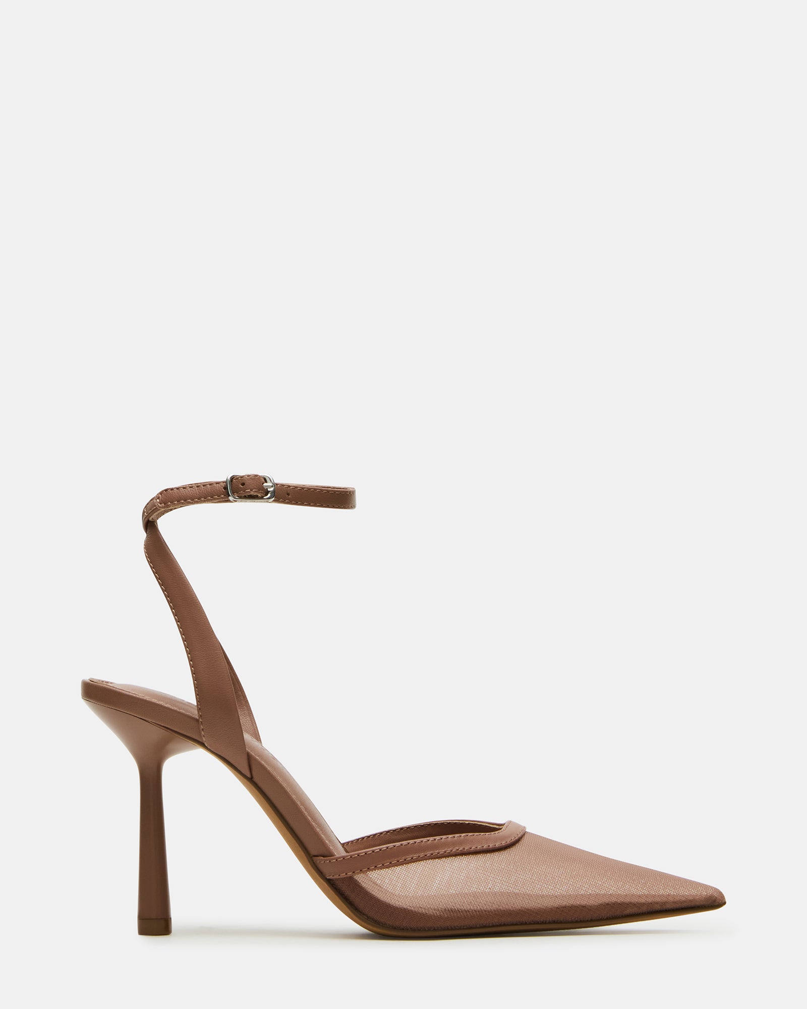 Side view of Alliance Mesh Mocha pointed toe pumps with ankle strap and kitten heel