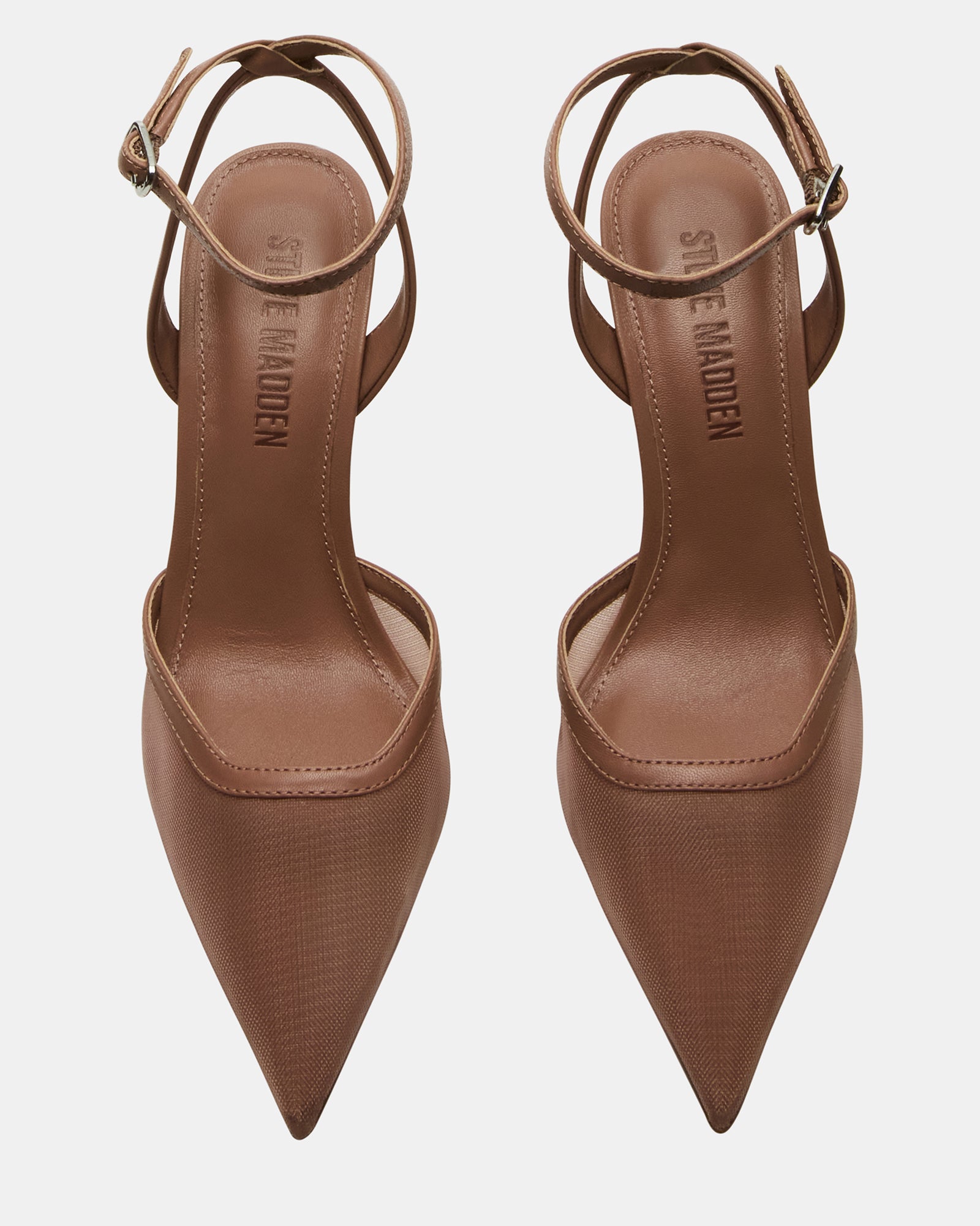 Front view highlighting the pointed toe and textured mocha material