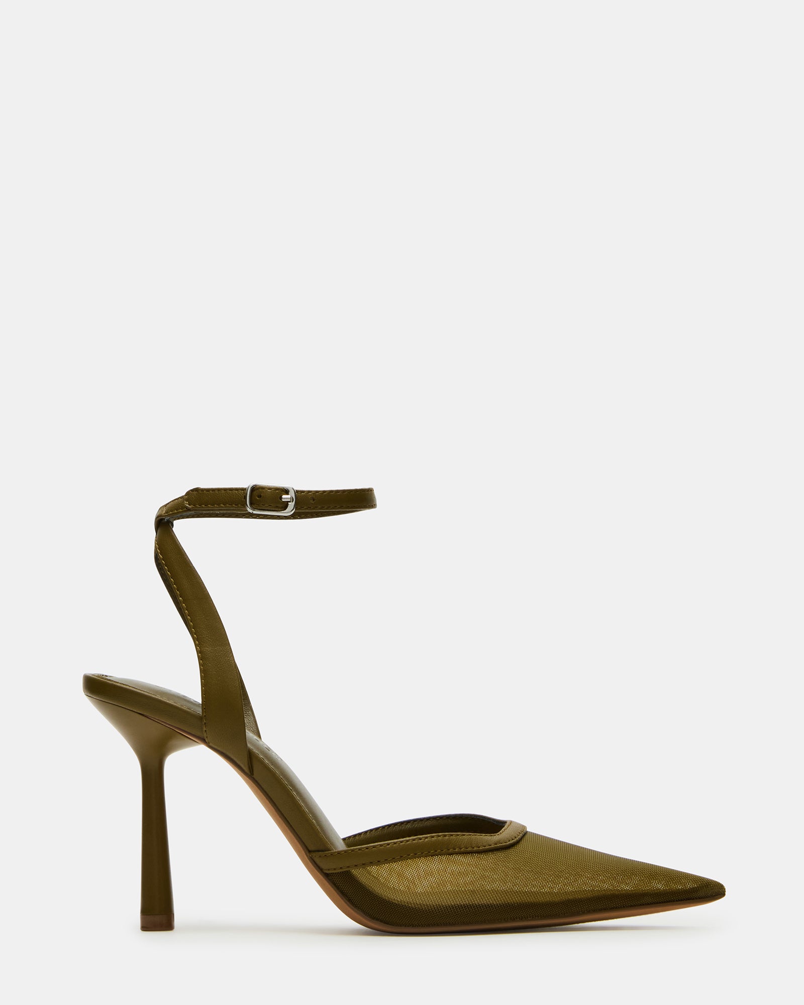 Close-up of gold kitten heels showing pointed toe and ankle strap detail