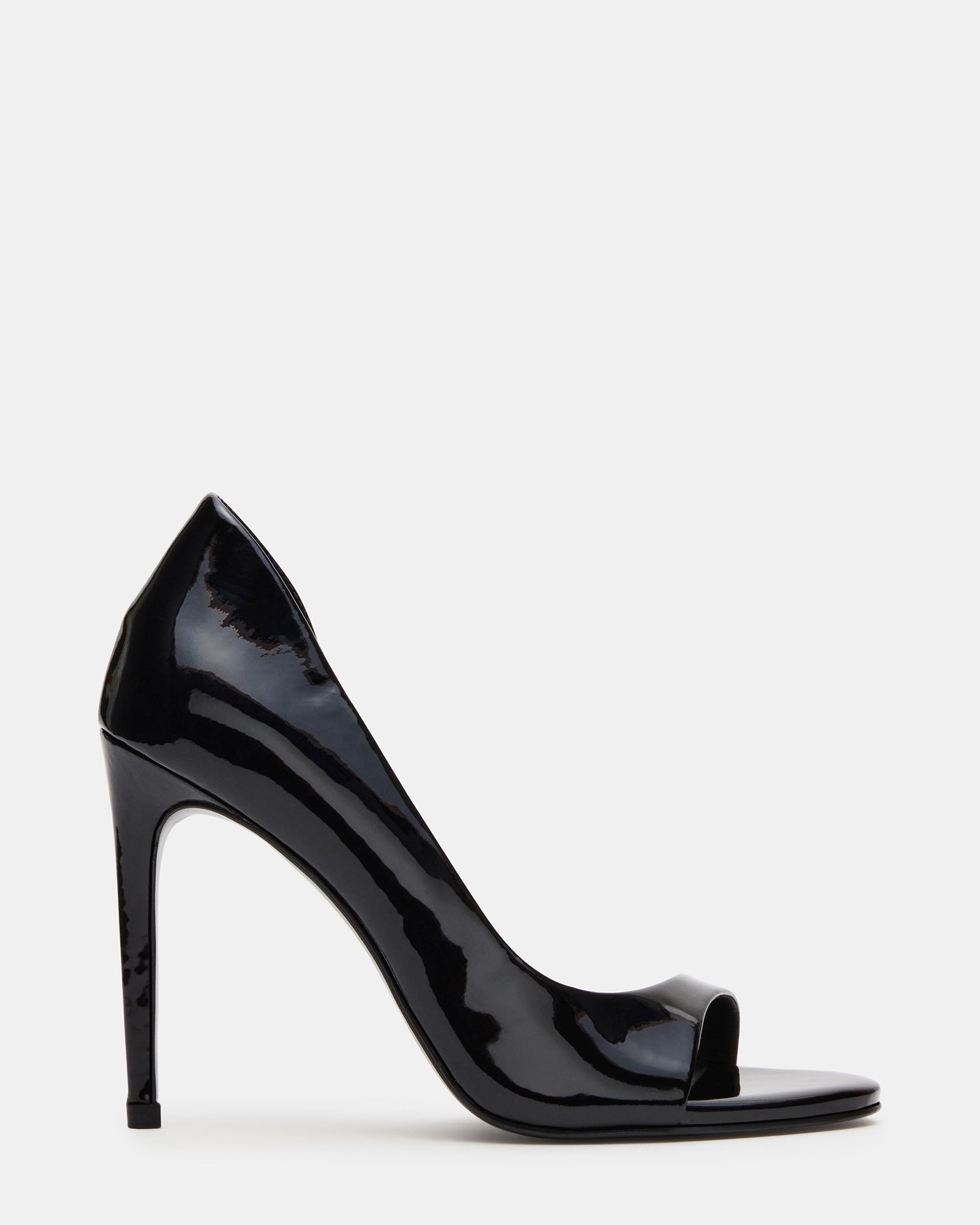 Side view of black patent stiletto heels with open toe and 4-inch heel height