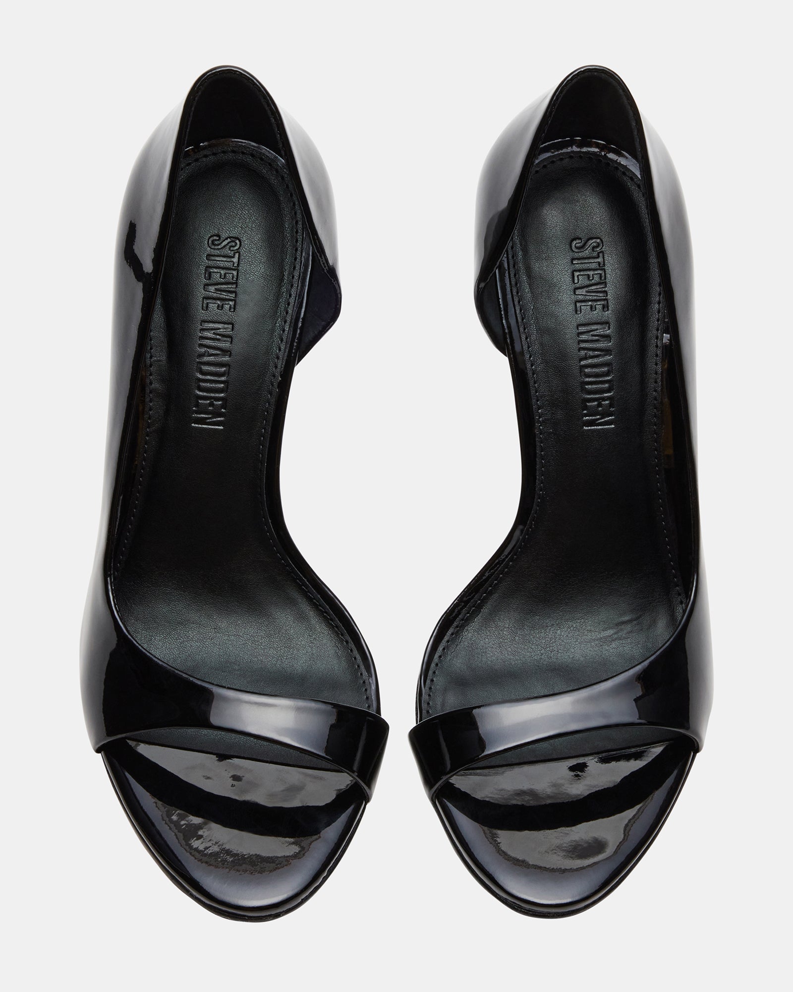 Side view of black patent stiletto heels with open toe and 4-inch heel height