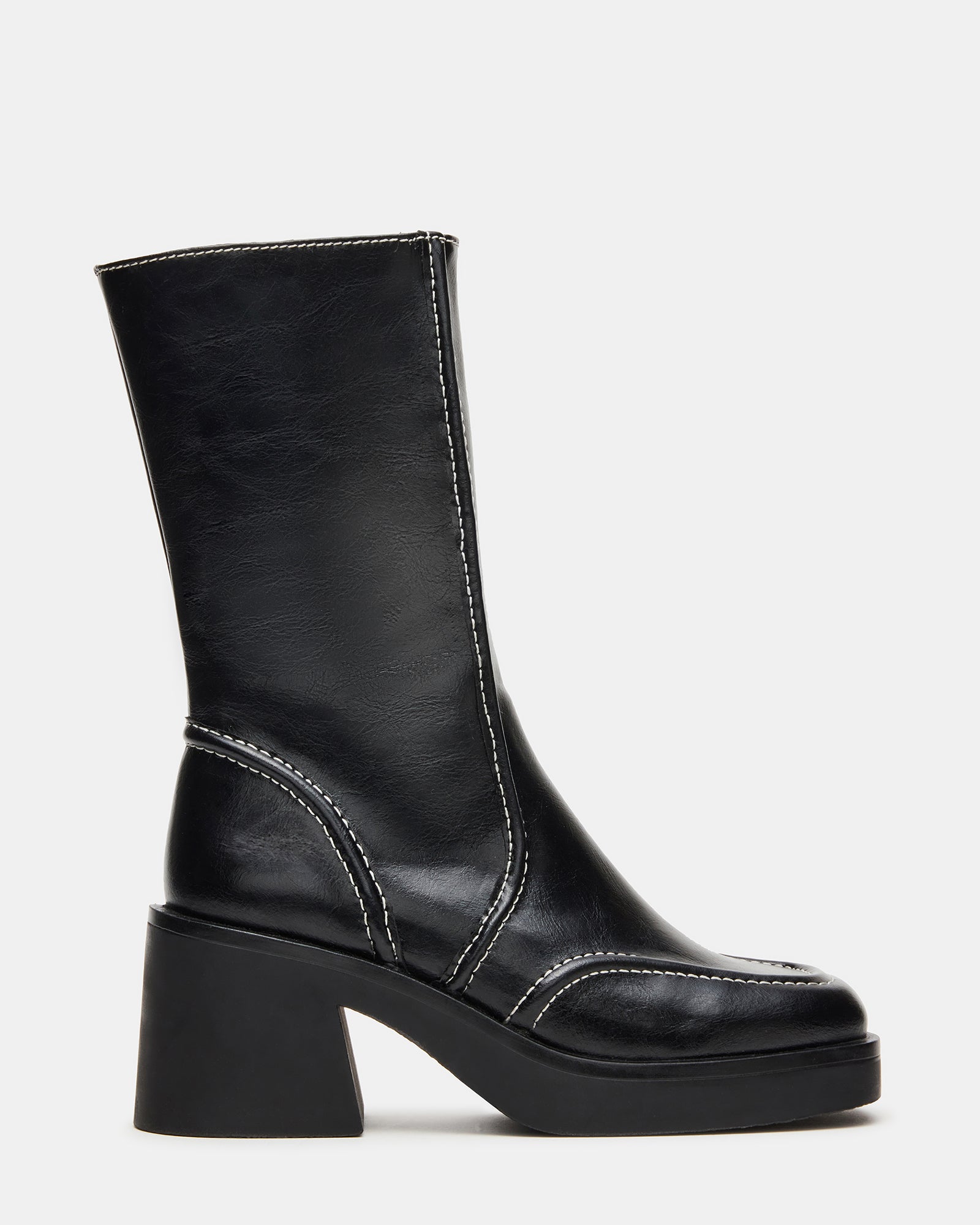 Front view of black patent boots with square toe for office-ready look
