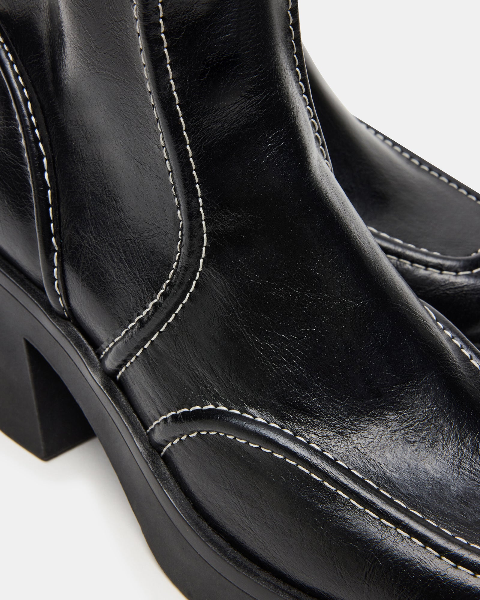 Close-up of block heel shoe boots in glossy patent finish