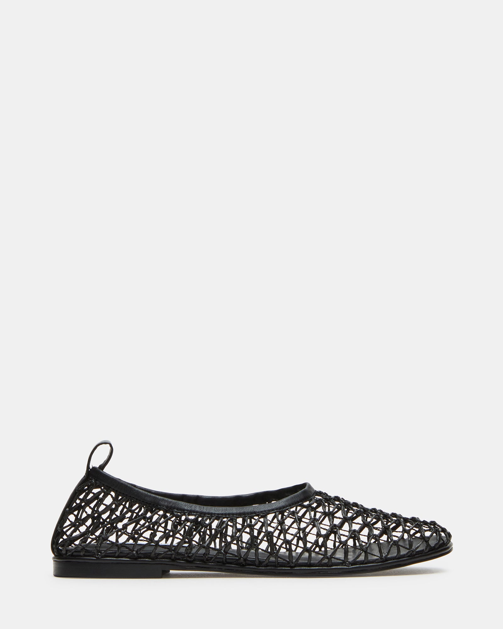 Side view of AMBROSIA black ballet flats showing the rounded toe and net cage detail